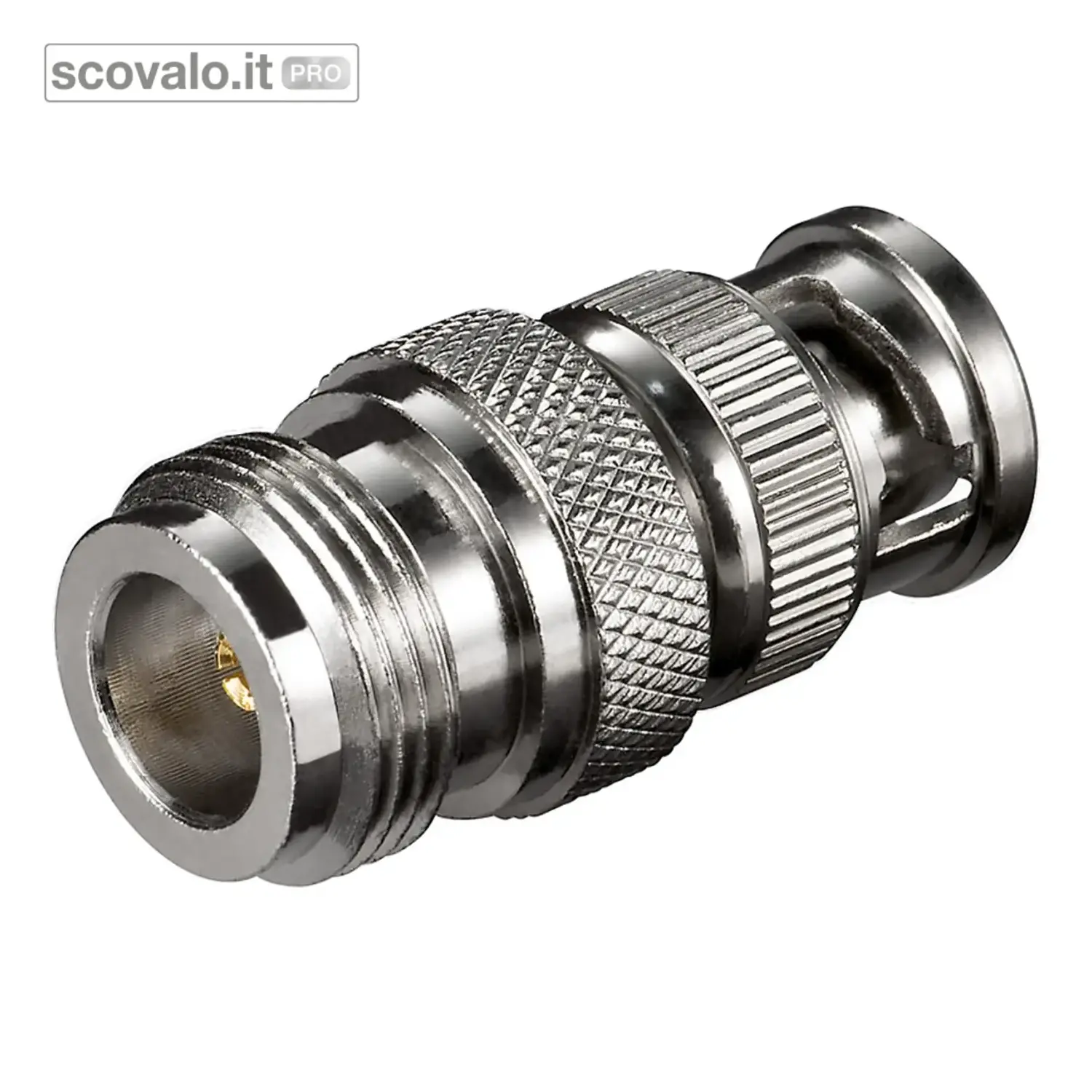 immagine del prodotto Adattatore N a Spina BNC con Perno Dorato 50 Ohm Metallo 33x17mm