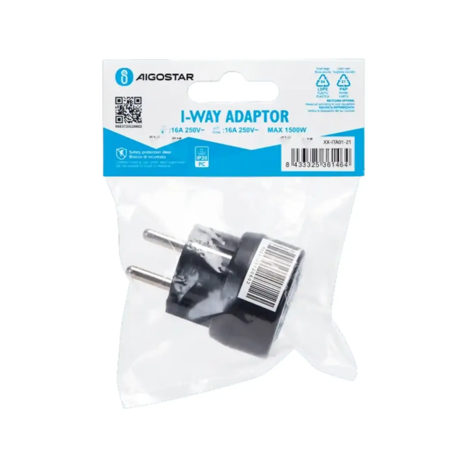 immagine Adattatore Schuko a Presa Bipasso 10-16A Nero | 1500W, 250V | Aigostar