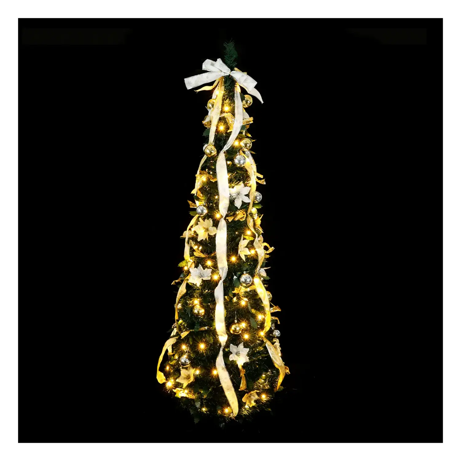 immagine Albero di Natale luminoso pieghevole con decorazioni bianche e oro, bianco caldo 1.2m IP44, Interno&Esterno
