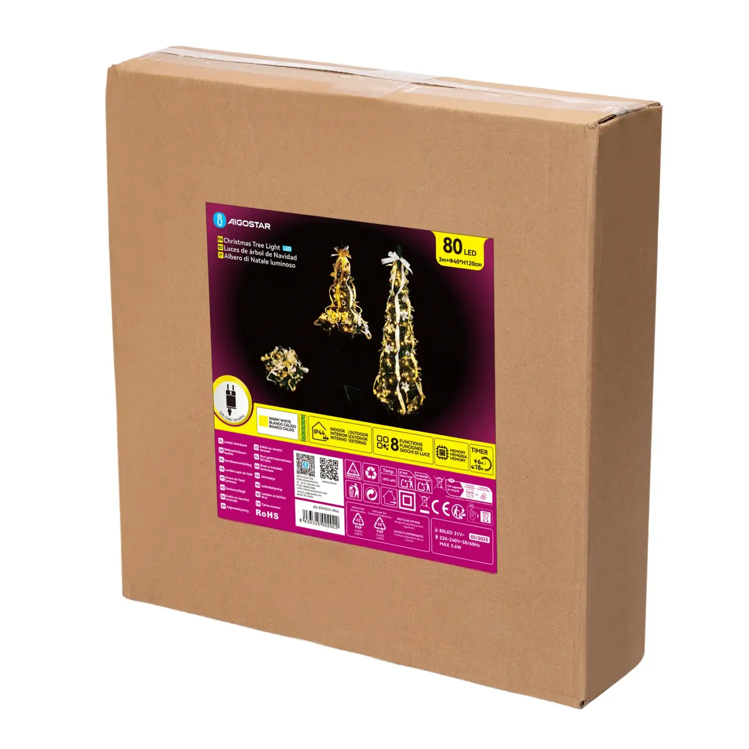 immagine Albero di Natale luminoso pieghevole con decorazioni bianche e oro, bianco caldo 1.2m IP44, Interno&Esterno