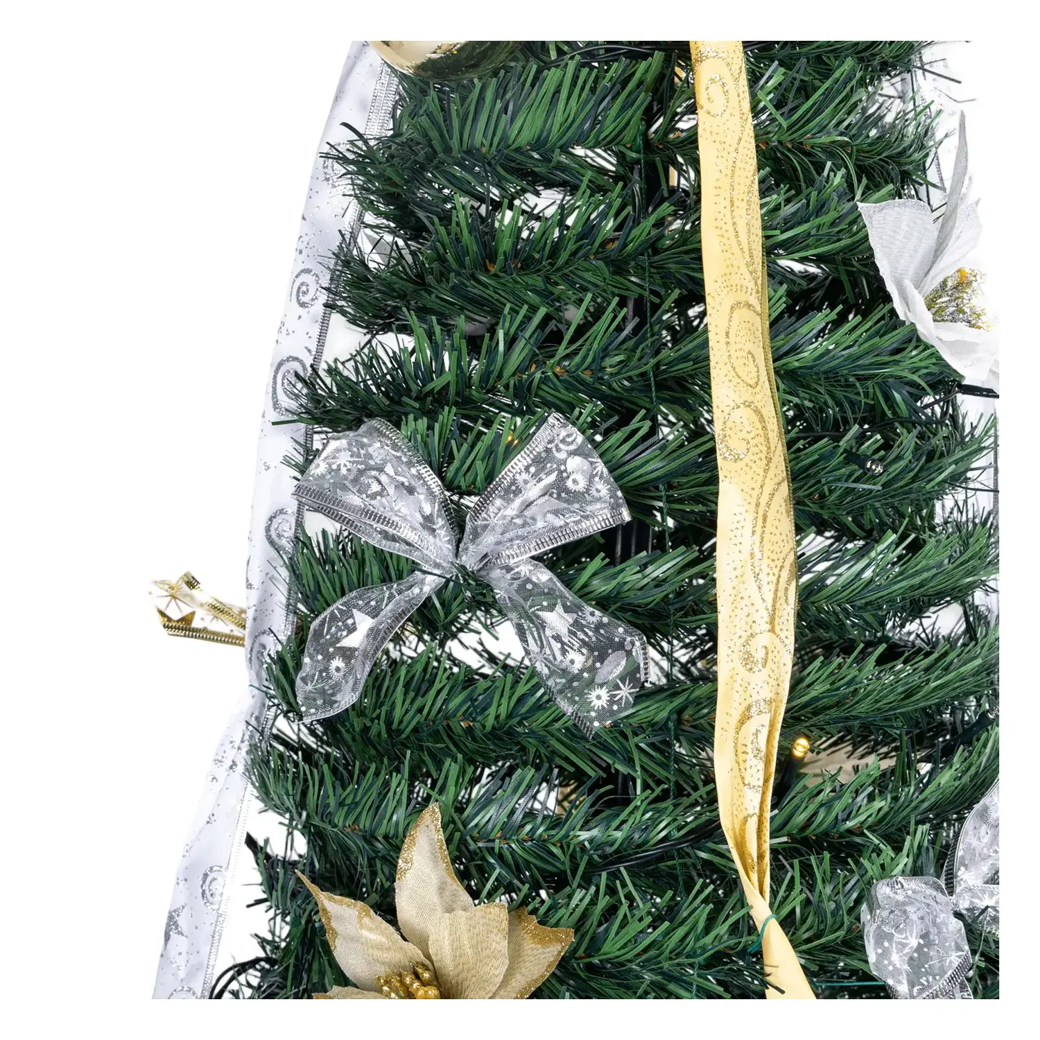 immagine Albero di Natale luminoso pieghevole con decorazioni bianche e oro, bianco caldo 1.5m IP44, Interno&Esterno
