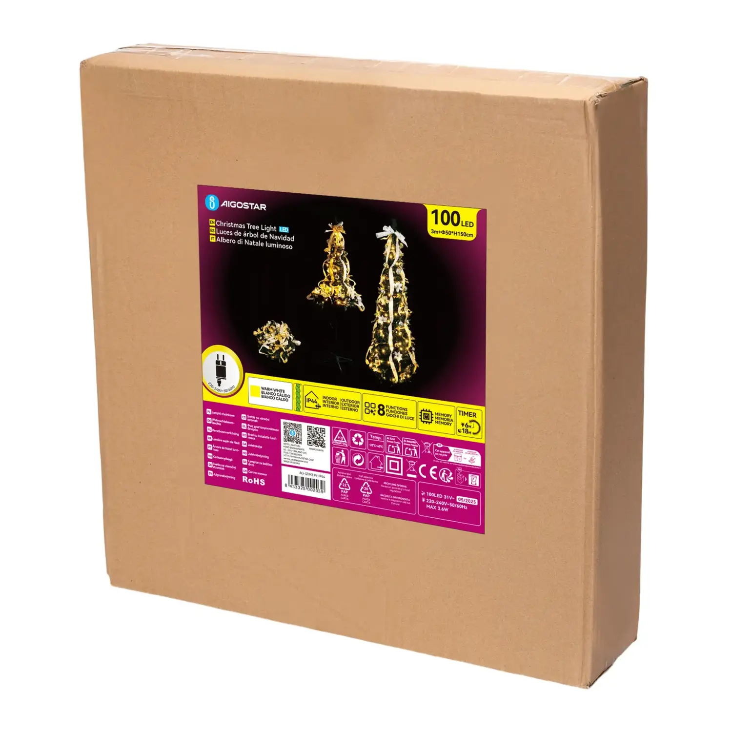 immagine Albero di Natale luminoso pieghevole con decorazioni bianche e oro, bianco caldo 1.5m IP44, Interno&Esterno