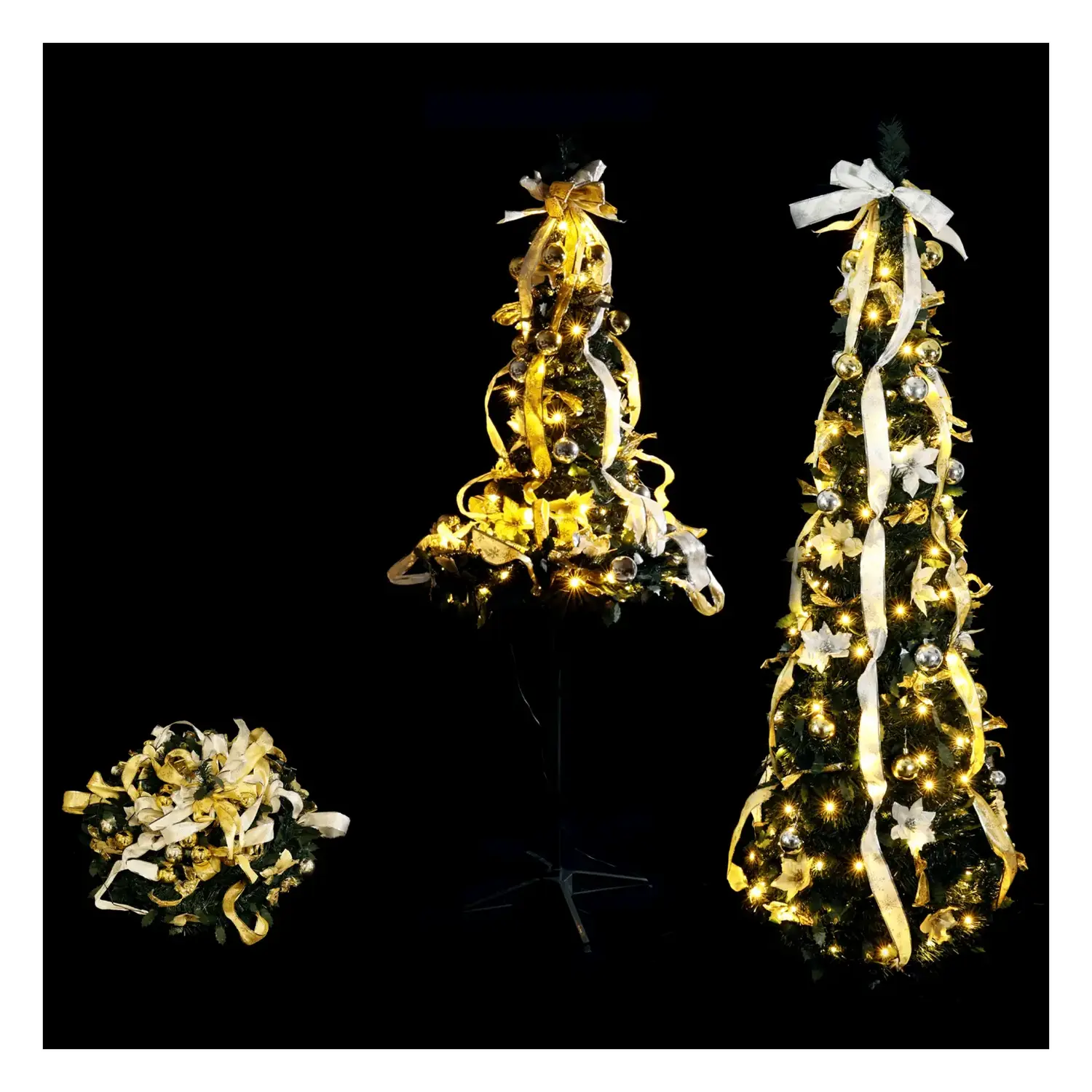 immagine del prodotto Albero di Natale luminoso pieghevole con decorazioni bianche e oro, bianco caldo 1.8m IP44, Interno&Esterno