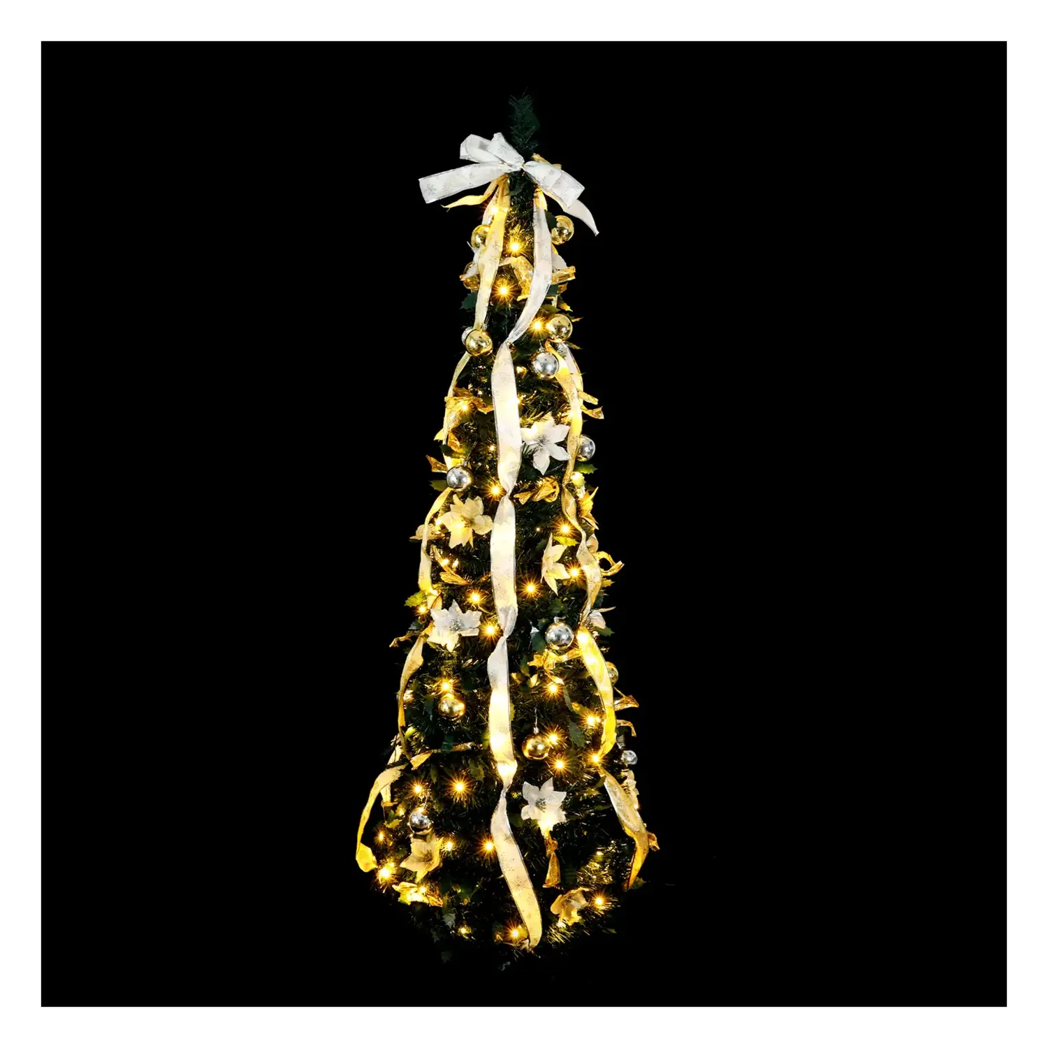 immagine Albero di Natale luminoso pieghevole con decorazioni bianche e oro, bianco caldo 1.8m IP44, Interno&Esterno