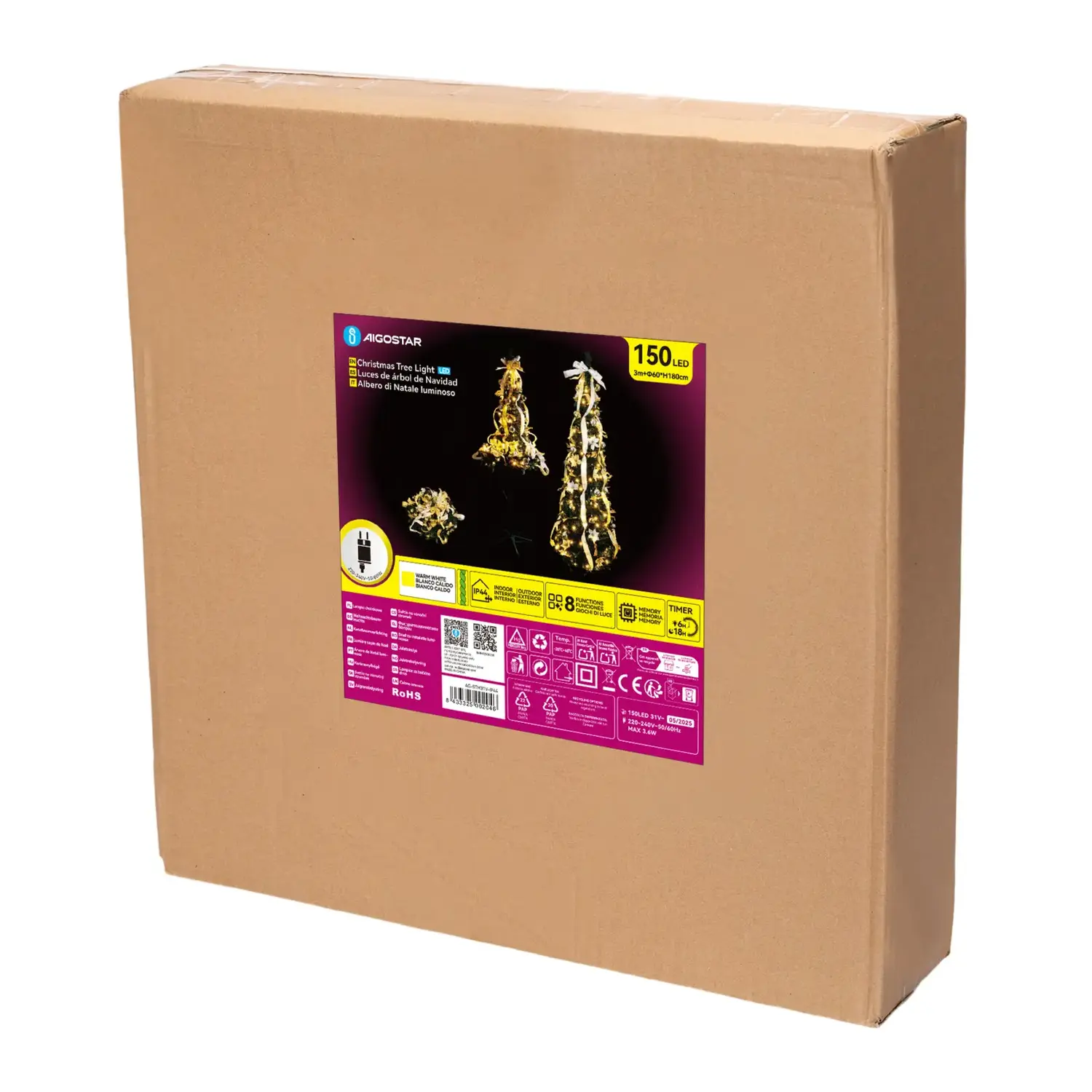 immagine Albero di Natale luminoso pieghevole con decorazioni bianche e oro, bianco caldo 1.8m IP44, Interno&Esterno