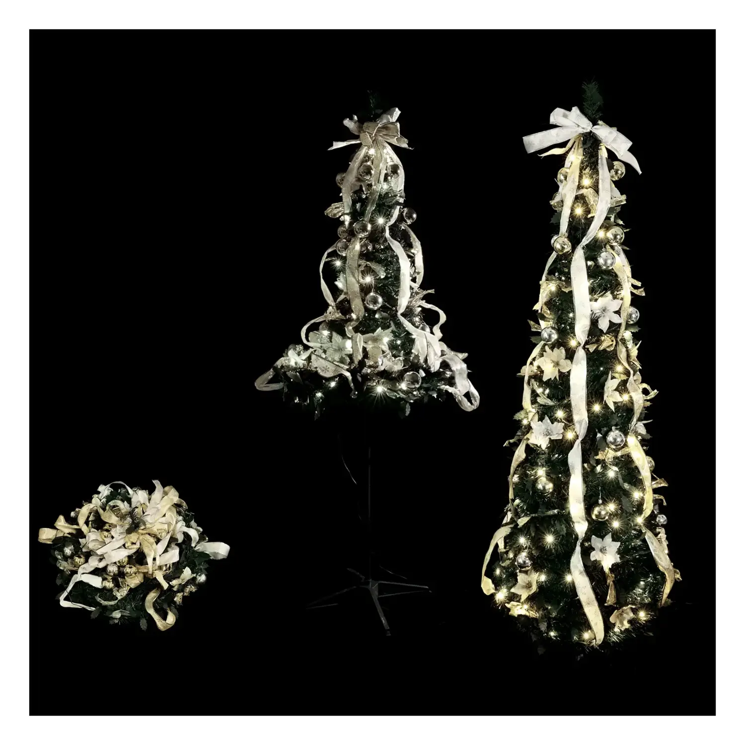 immagine del prodotto Albero di Natale luminoso pieghevole con decorazioni bianche e oro, bianco freddo 1.2m IP44, Interno&Esterno