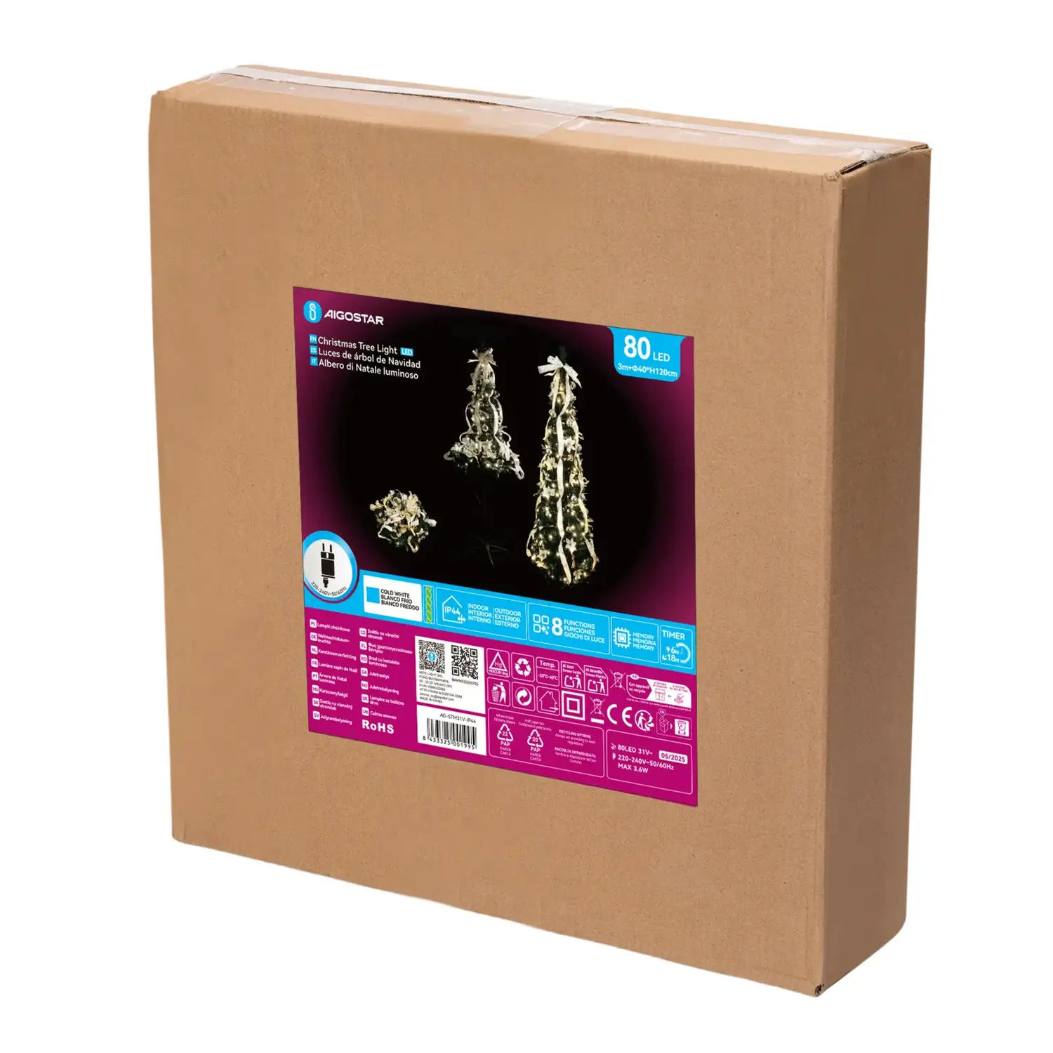 immagine Albero di Natale luminoso pieghevole con decorazioni bianche e oro, bianco freddo 1.2m IP44, Interno&Esterno