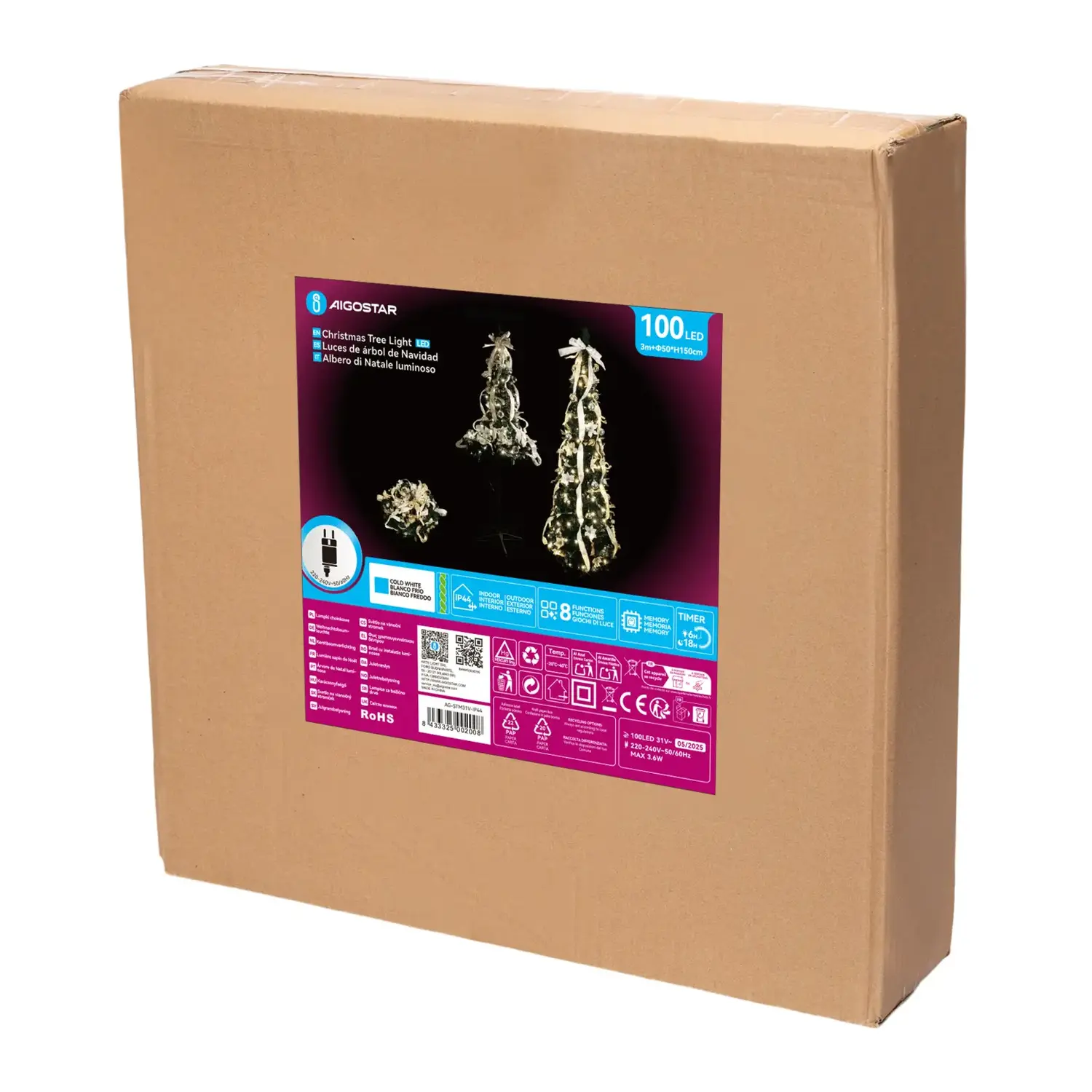 immagine Albero di Natale luminoso pieghevole con decorazioni bianche e oro, bianco freddo 1.5m IP44, Interno&Esterno