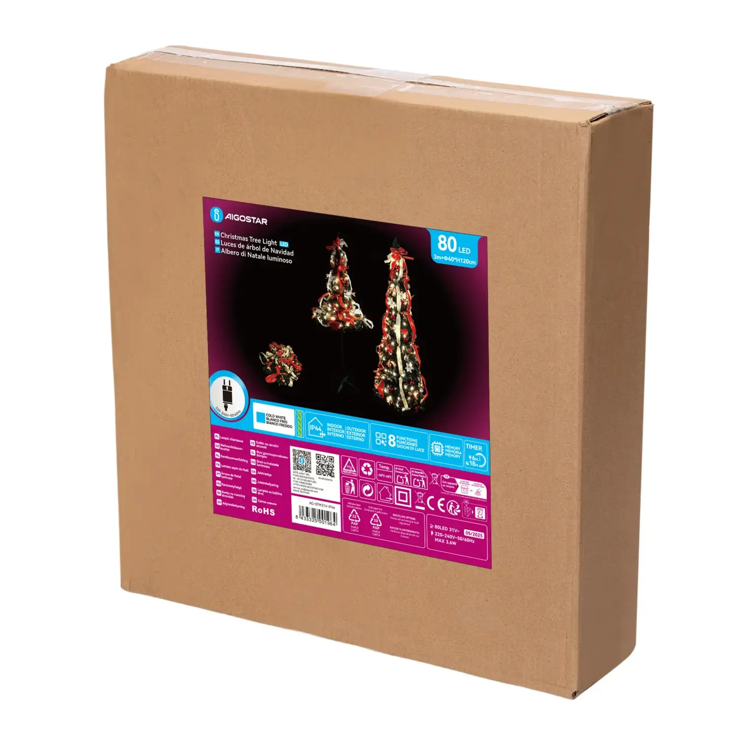 immagine Albero di Natale luminoso pieghevole con decorazioni rosse e dorate, bianco freddo 1.2m IP44, Interno&Esterno