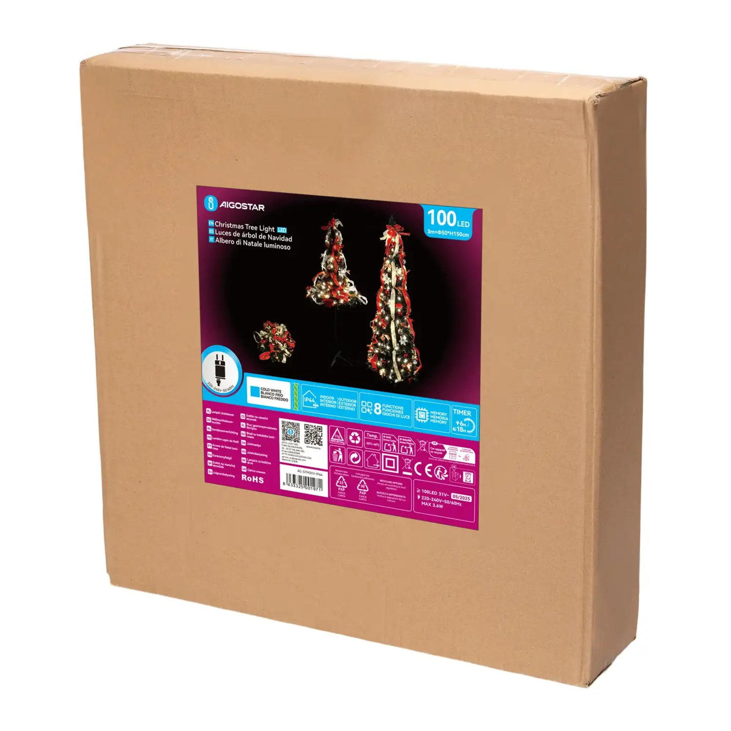 immagine Albero di Natale luminoso pieghevole con decorazioni rosse e dorate, bianco freddo 1.5m IP44, Interno&Esterno