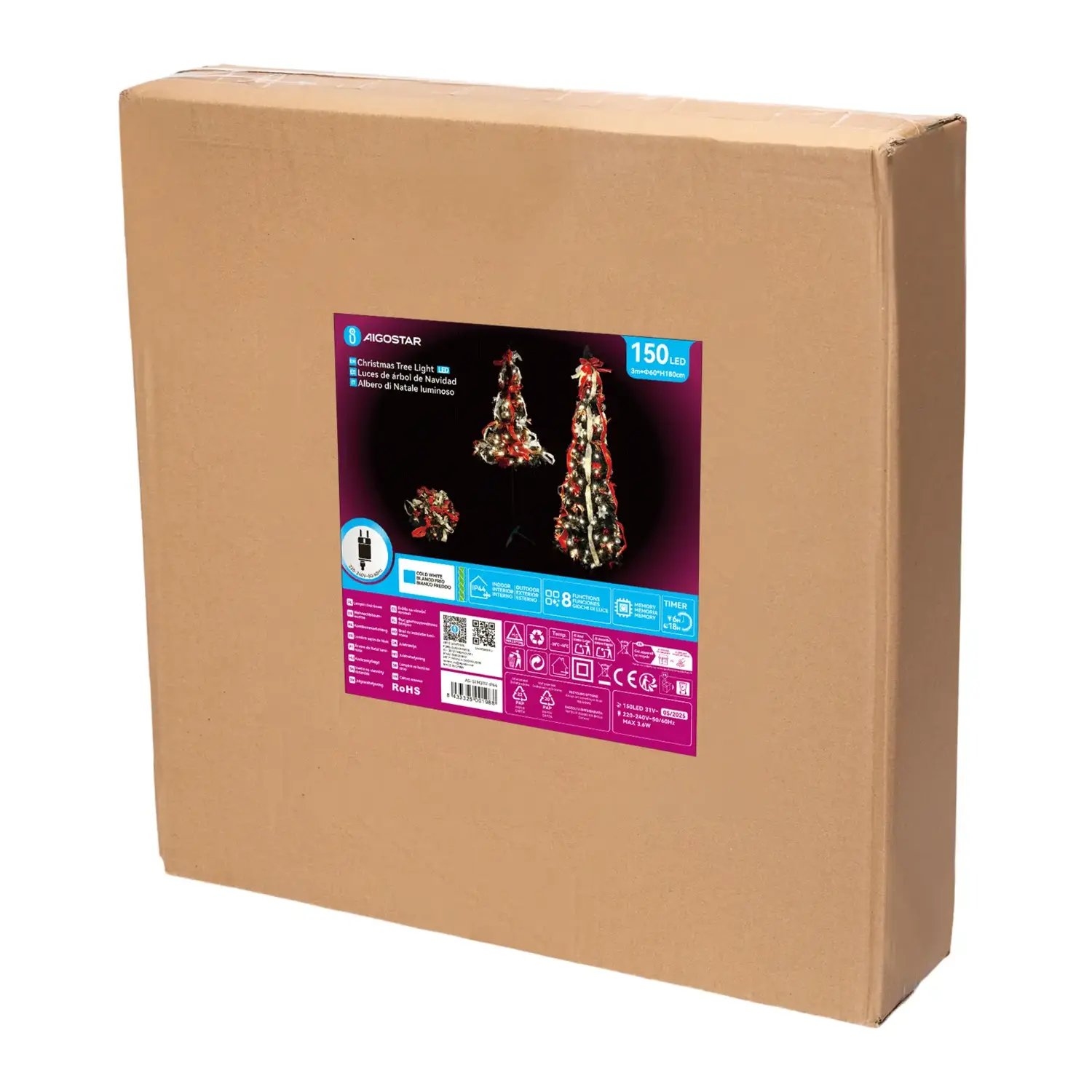 immagine Albero di Natale luminoso pieghevole con decorazioni rosse e dorate, bianco freddo 1.8m IP44, Interno&Esterno