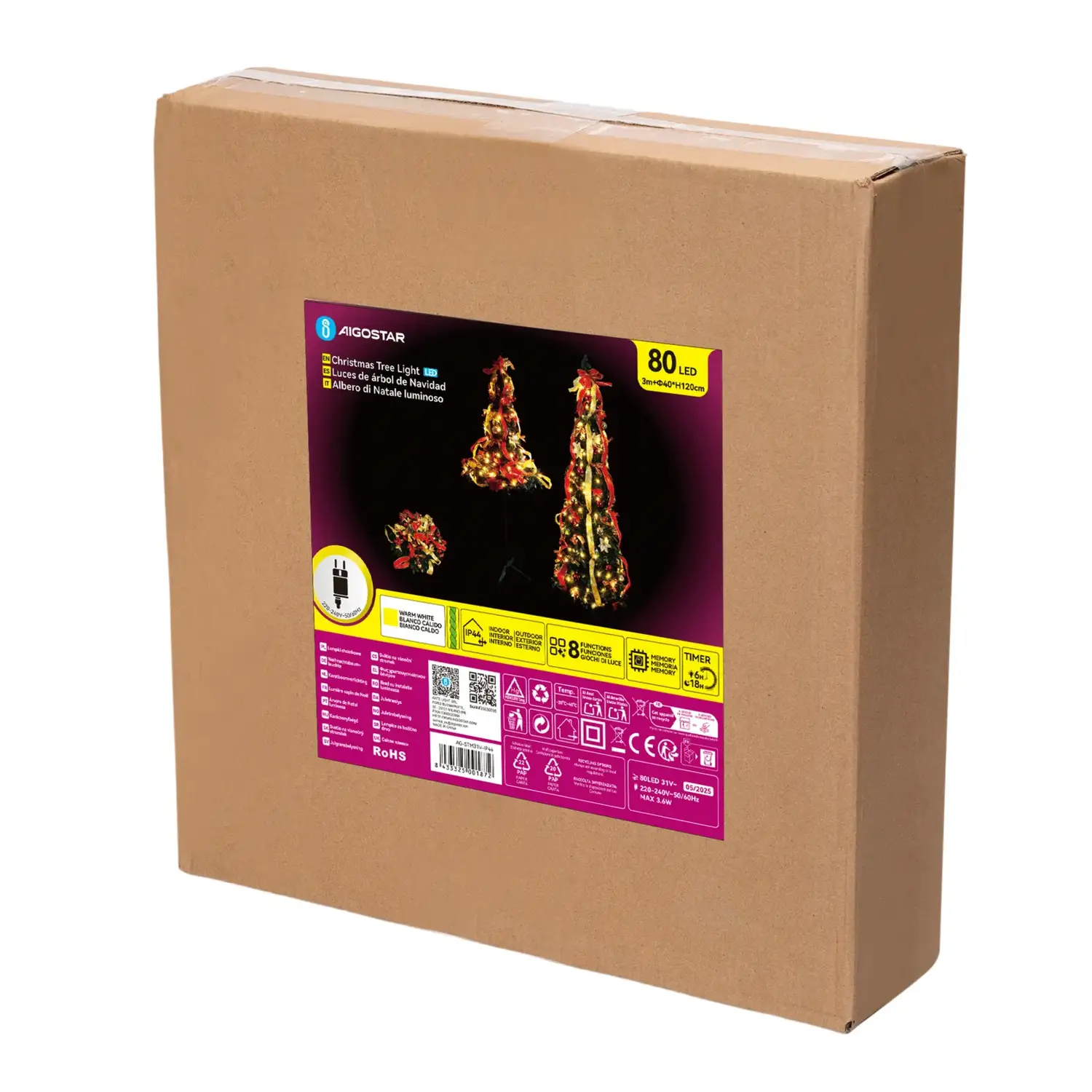 immagine Albero di Natale pieghevole con decorazioni rosse e dorate, bianco caldo 1.2m IP44, Interno&Esterno