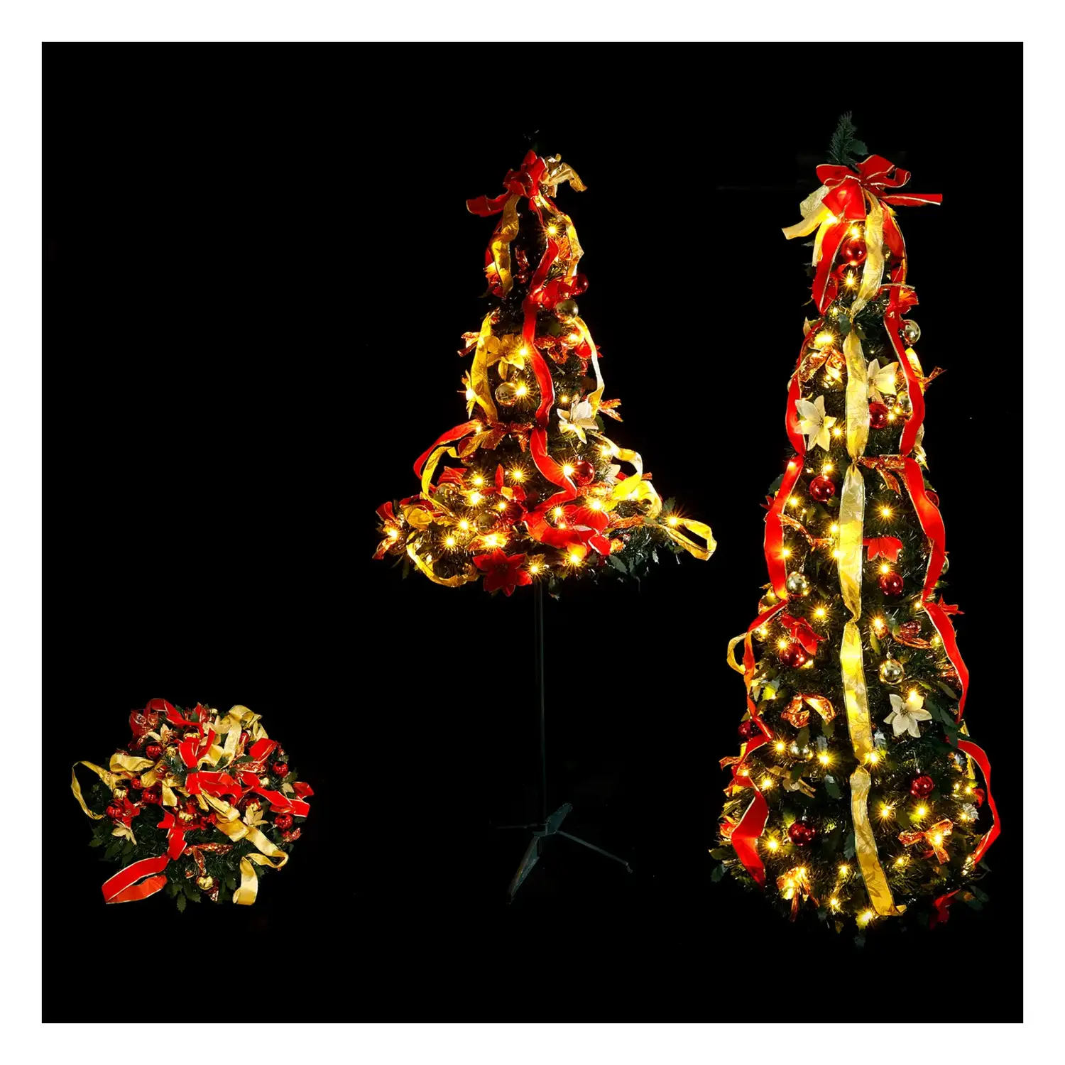 immagine del prodotto Albero di Natale pieghevole con decorazioni rosse e dorate, bianco caldo 1.8m IP44, Interno&Esterno