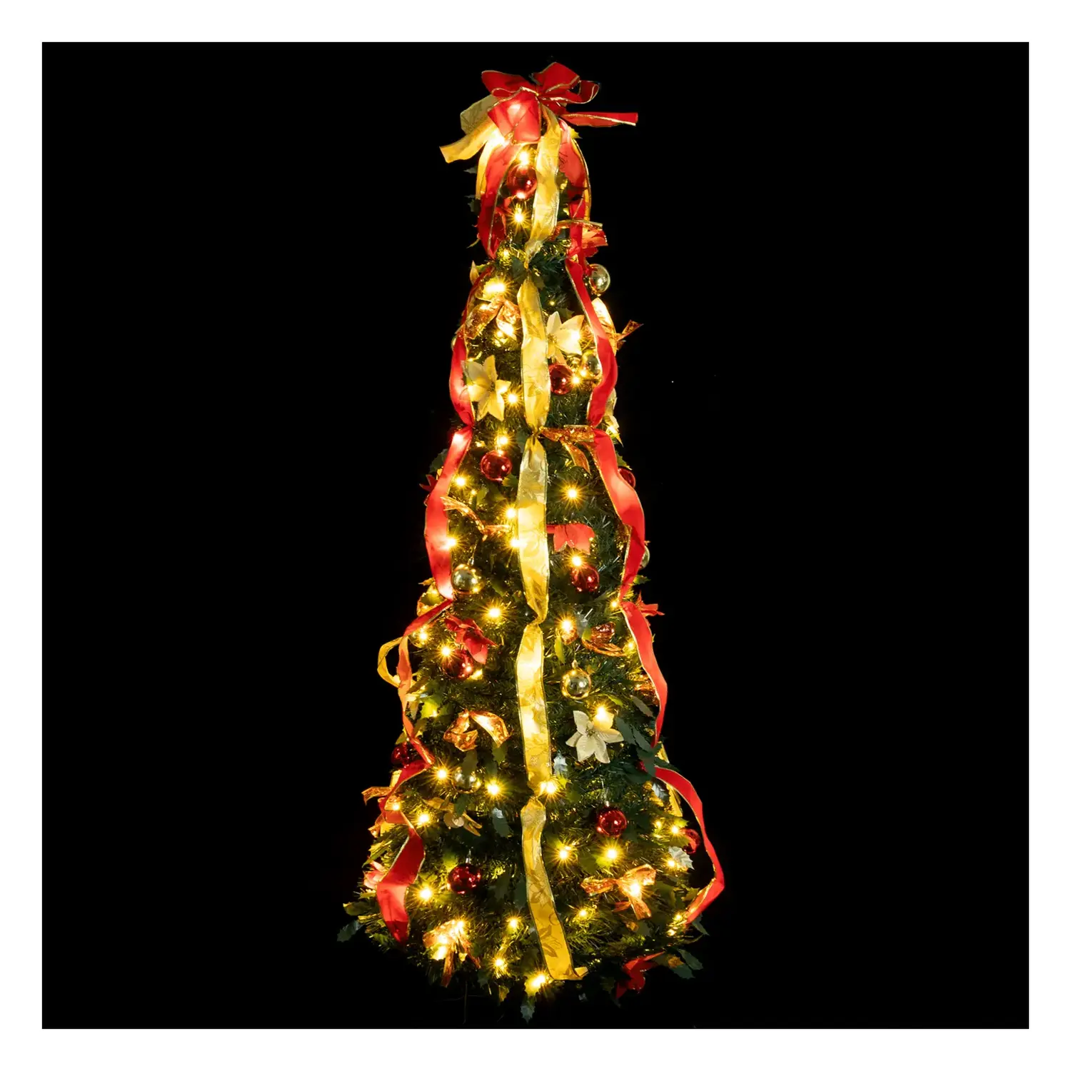 immagine Albero di Natale pieghevole con decorazioni rosse e dorate, bianco caldo 1.8m IP44, Interno&Esterno