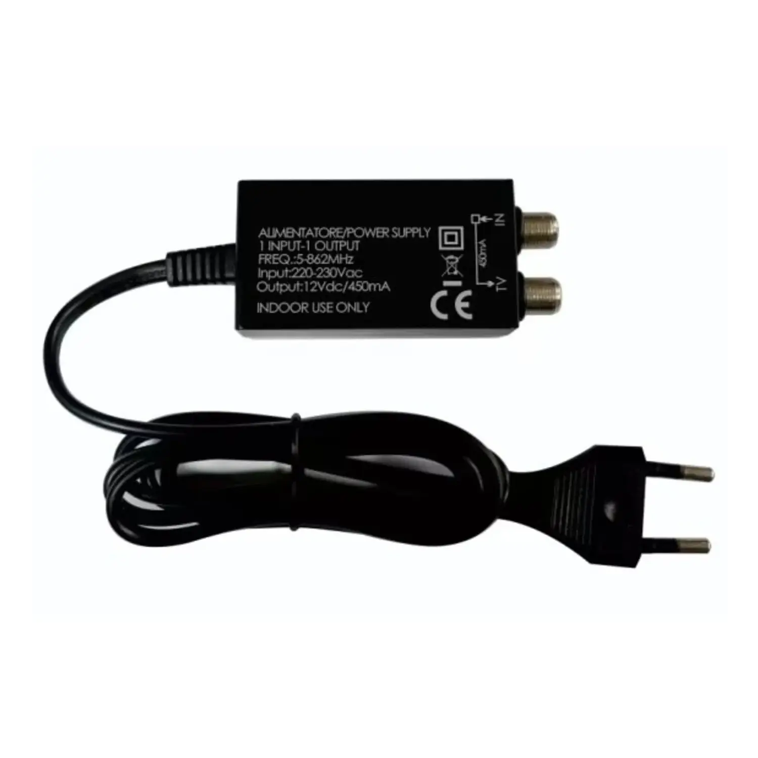 immagine del prodotto alimentatore antenna tv mini 12dvc 450mA slim incasso 1 ingresso 1 uscita