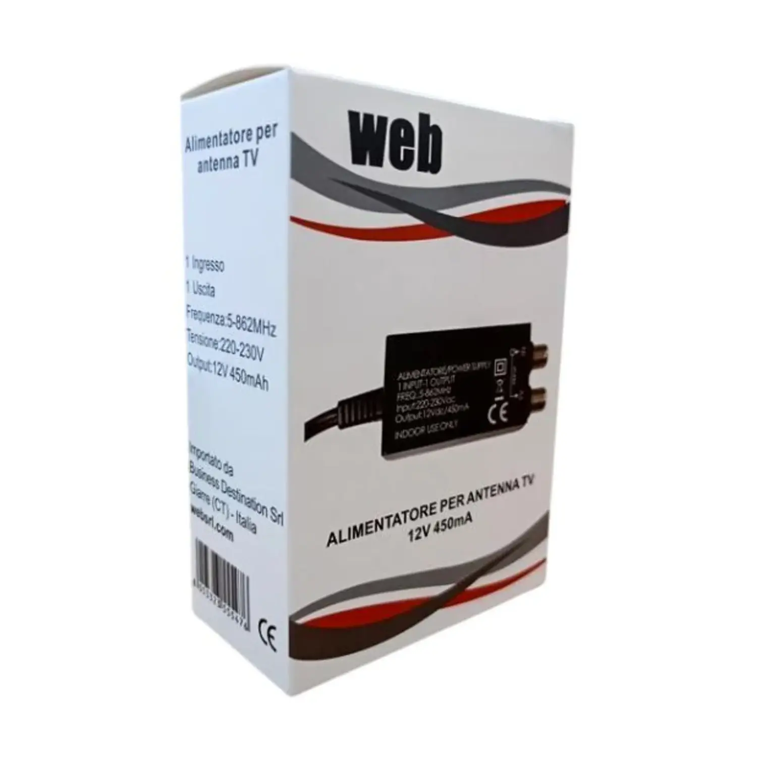 immagine alimentatore antenna tv mini 12dvc 450mA slim incasso 1 ingresso 1 uscita