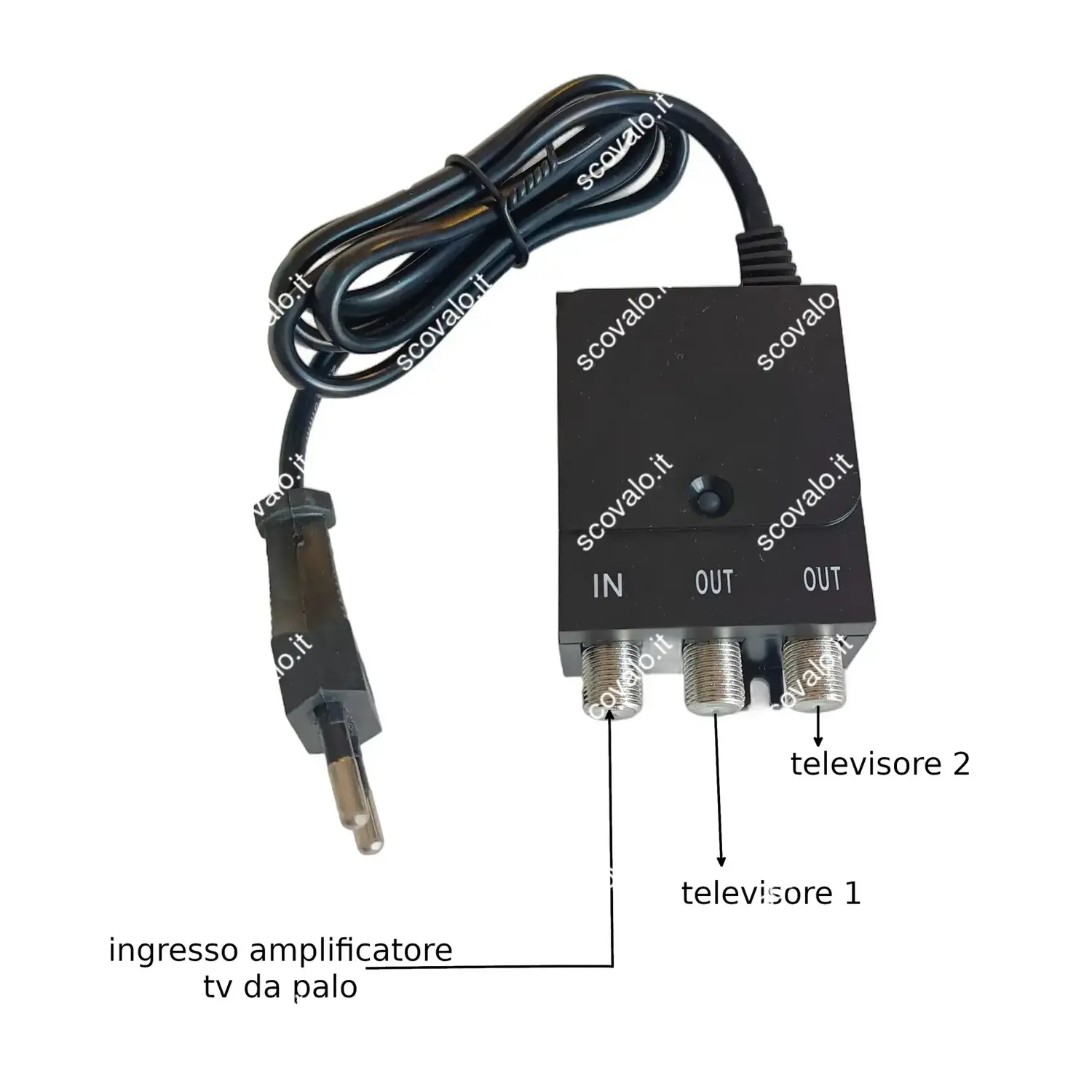 immagine alimentatore per amplificatore antenna tv 12 vcc 300mA mini 1 ingresso 2 uscite