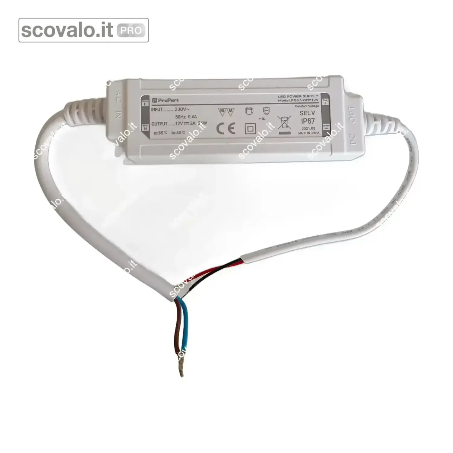 immagine del prodotto Alimentatore LED 12V 2A 24W IP67 Switching 230V Cavo 20cm 118x35x26mm