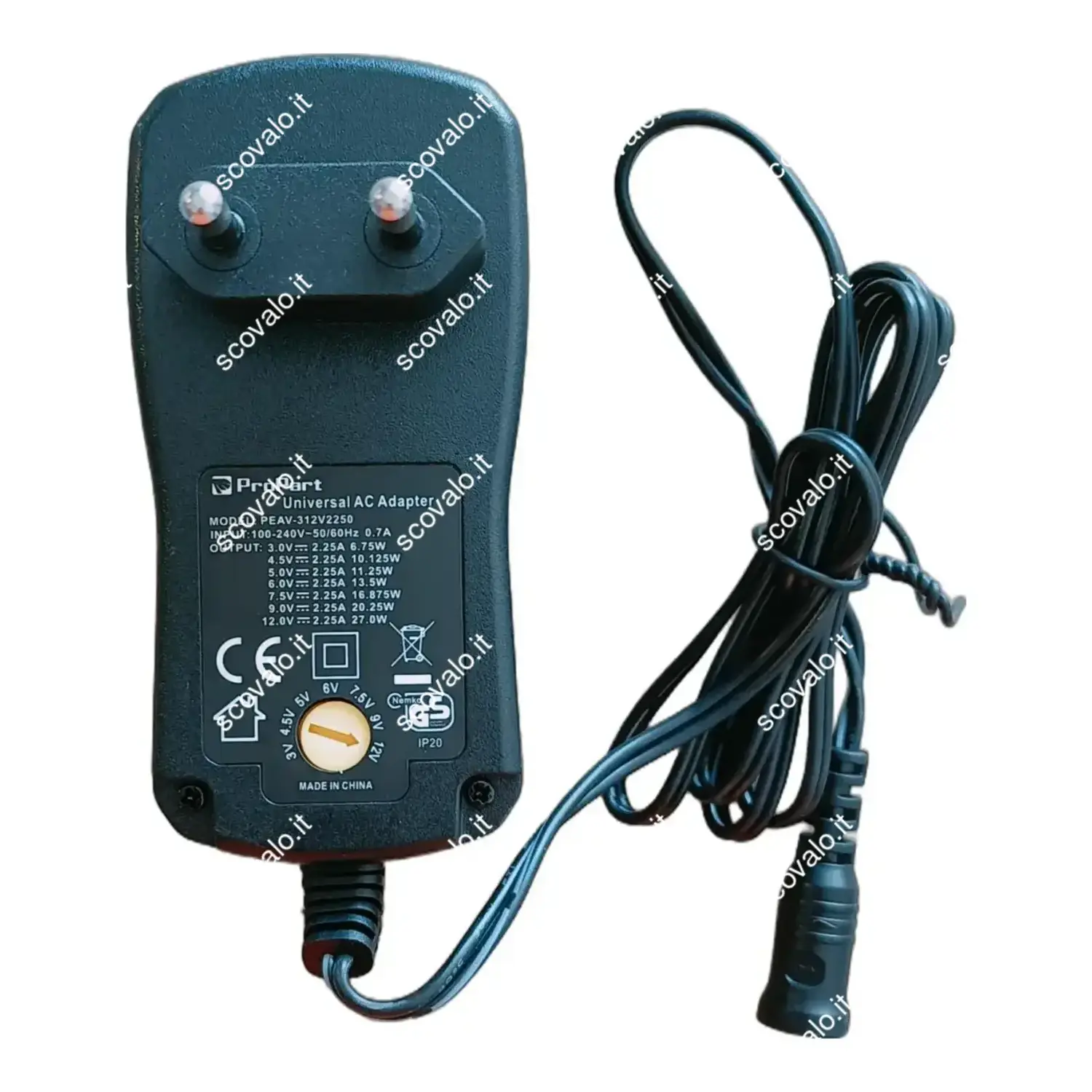 immagine alimentatore regolabile 3-12 volt 27 watt con connettori 2250mA 2,25a nero