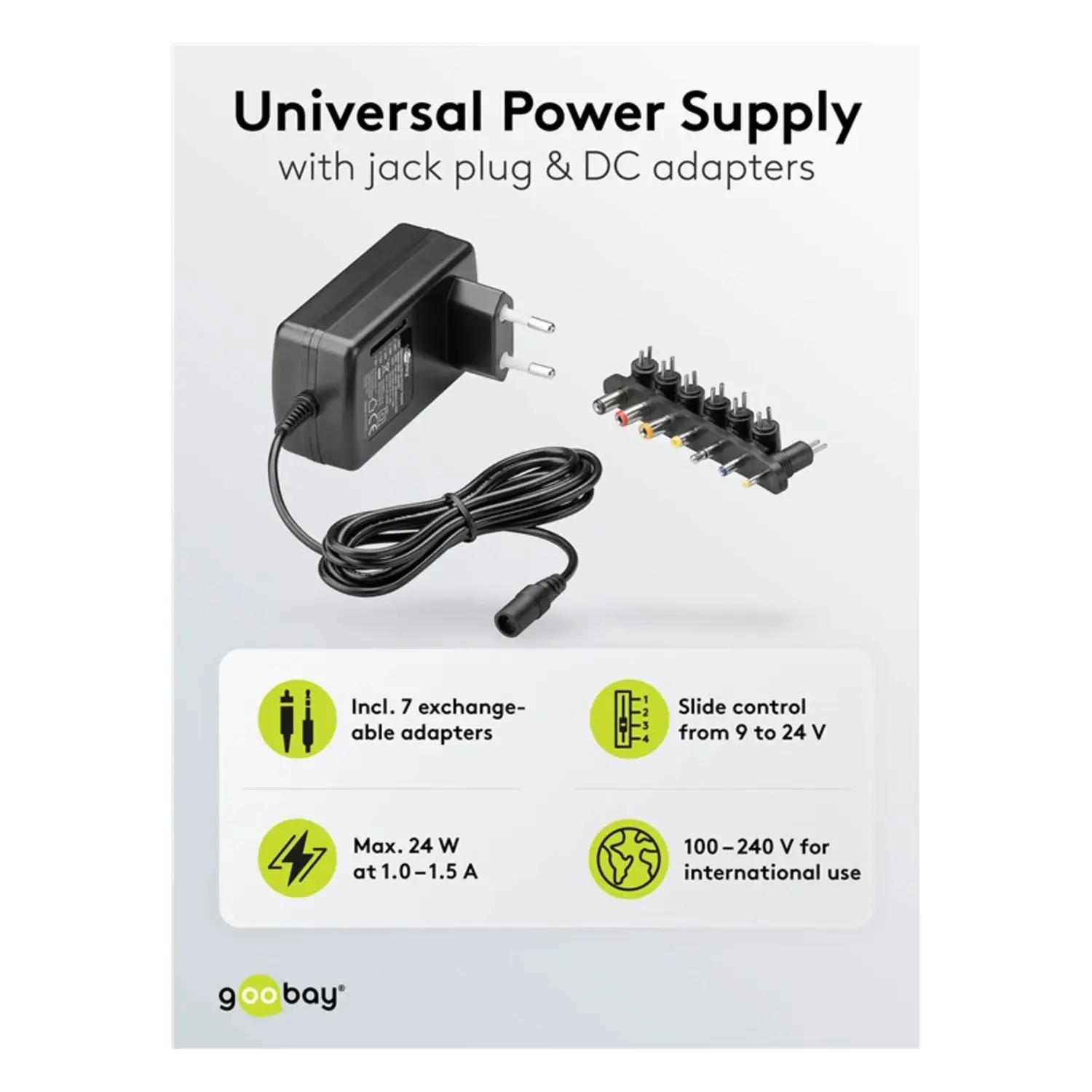 immagine Alimentatore Regolabile 9-24V, 36W, 1.5A, 100-240V AC, 7 Adattatori