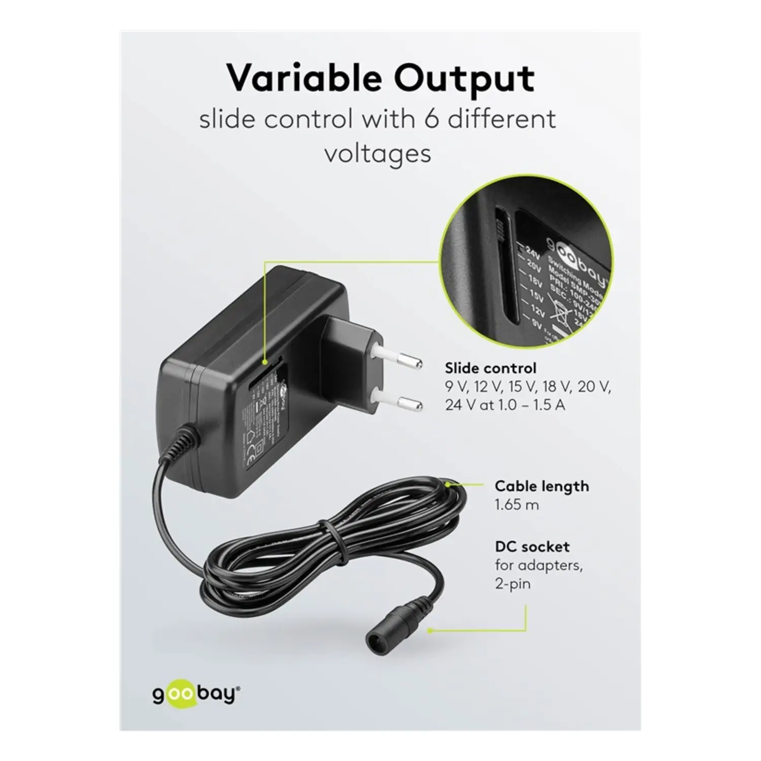 immagine Alimentatore Regolabile 9-24V, 36W, 1.5A, 100-240V AC, 7 Adattatori