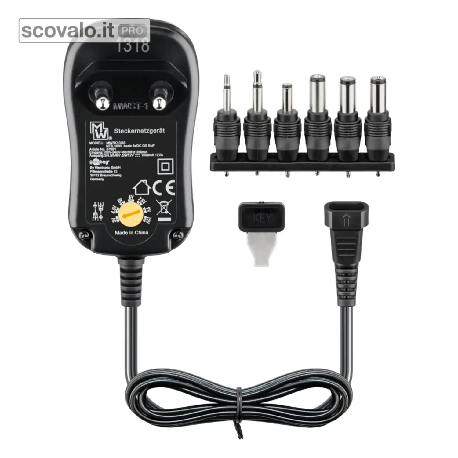 immagine del prodotto Alimentatore Universale Regolabile 3-12V 1A 12W con 6 Adattatori DC