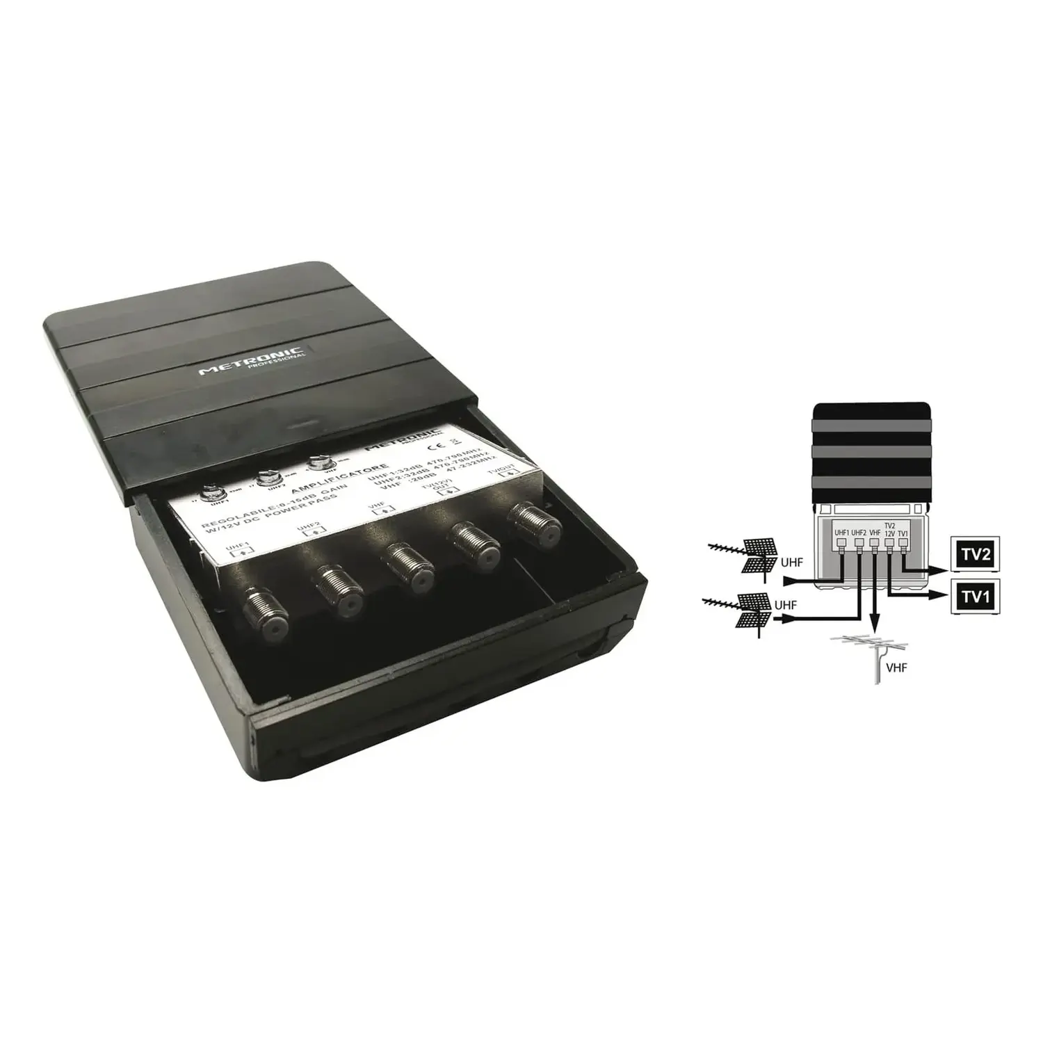 immagine del prodotto amplificatore antenna tv da palo 2 uscite 2uhf e 1vhf regolabile 5g 32db