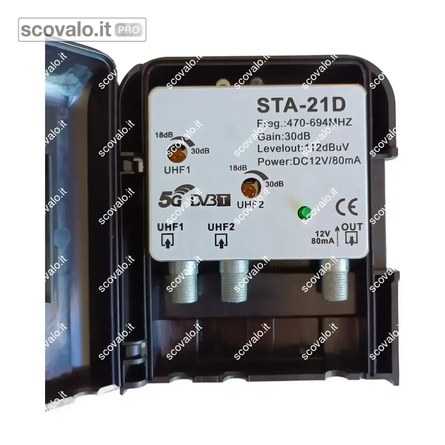 immagine del prodotto Amplificatore Antenna TV UHF 2 Ingressi 30dB Filtro 5G 470-694MHz da Palo