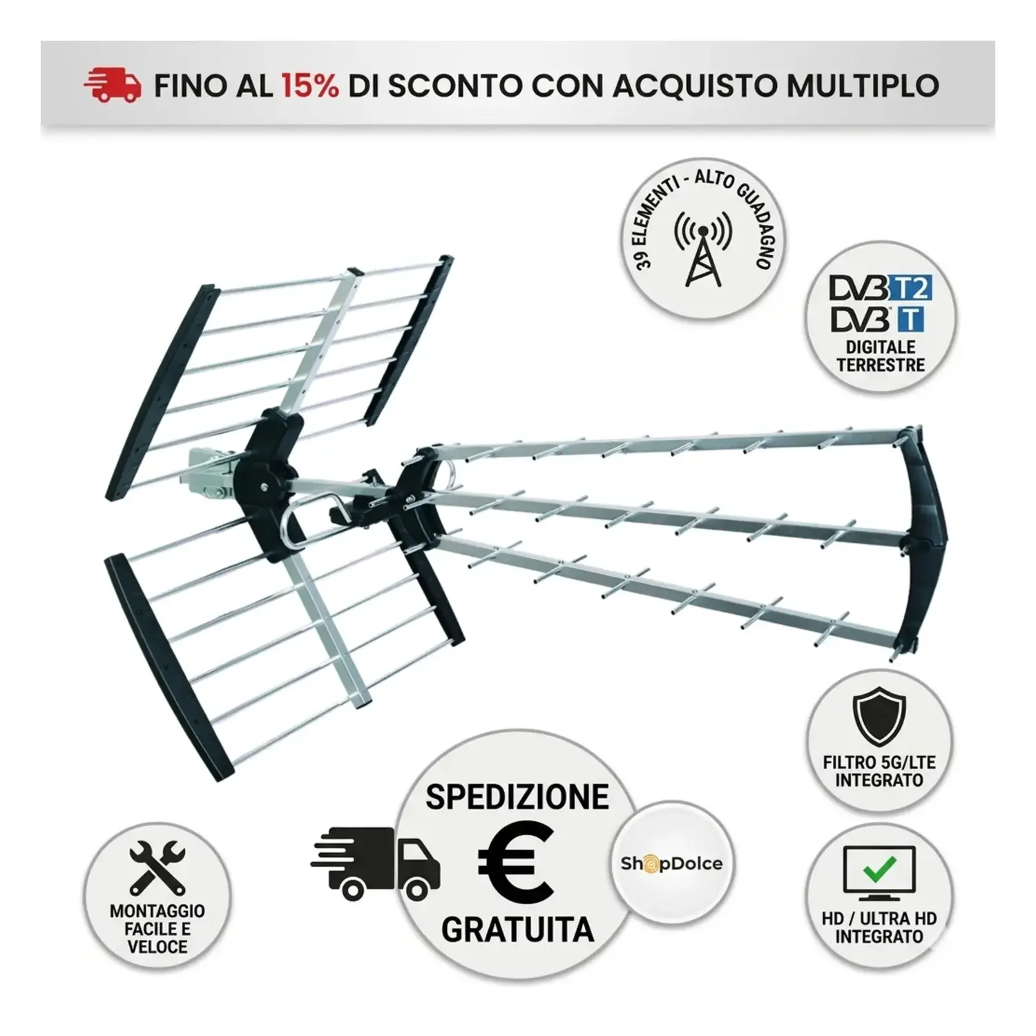 immagine del prodotto Antenna TV Esterna UHF Digitale Terrestre DVB-T2 Filtro 5G LTE HD 39 elementi