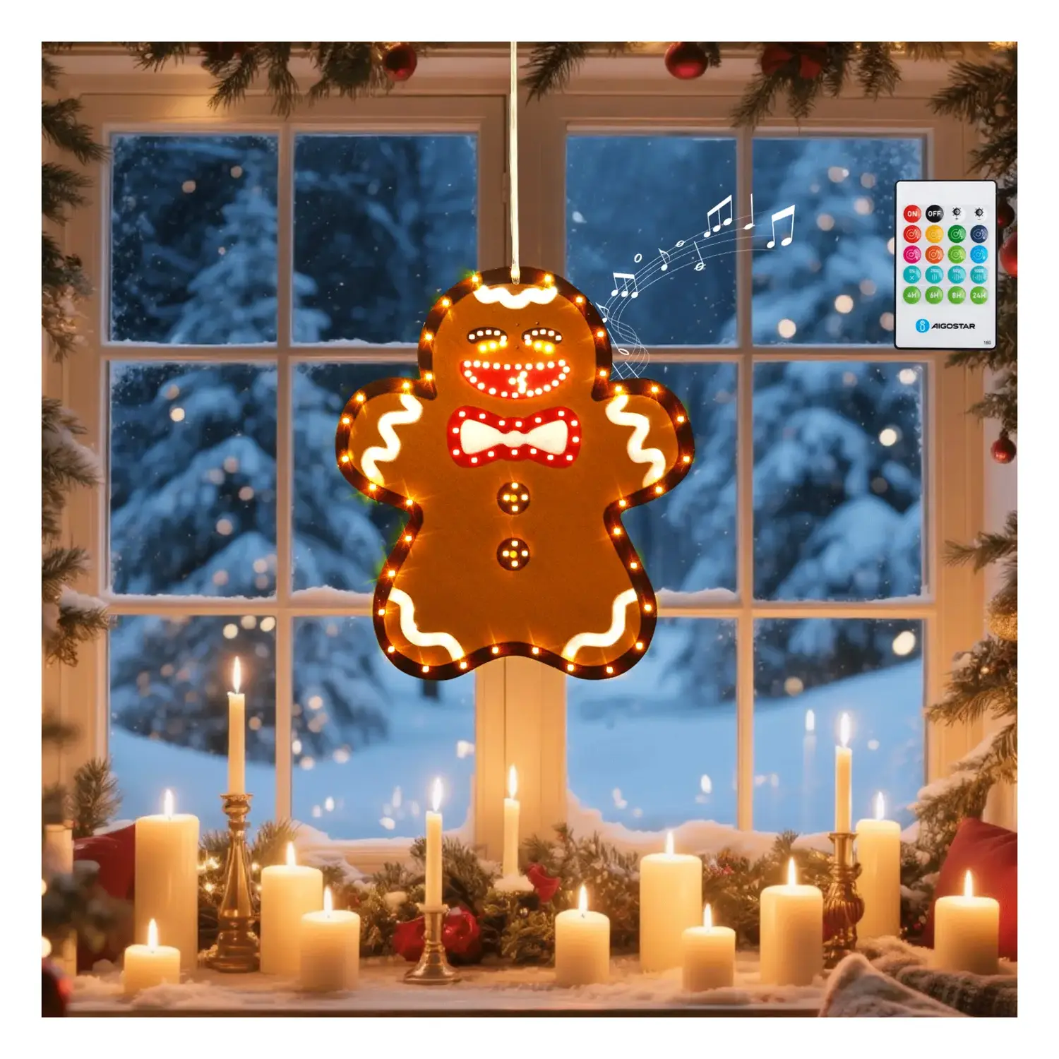 immagine del prodotto Biscotto pan di zenzero luminoso a batteria 3AA con sensore musicale da finestra IP44, Interno&Esterno