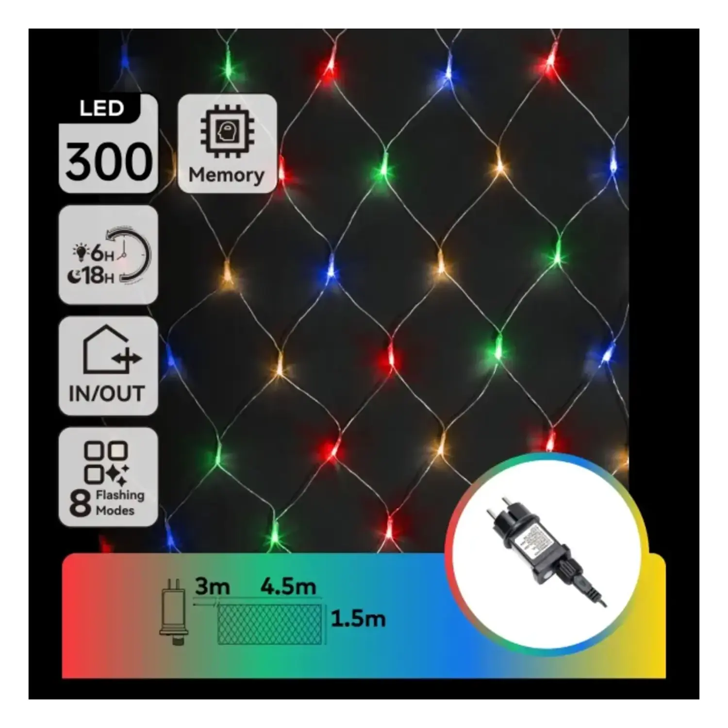 immagine del prodotto Catena luminosa a basso voltaggio a rete, RGBY, 4.5*1.5m, IP44, Interno&Esterno, Scatola colorata