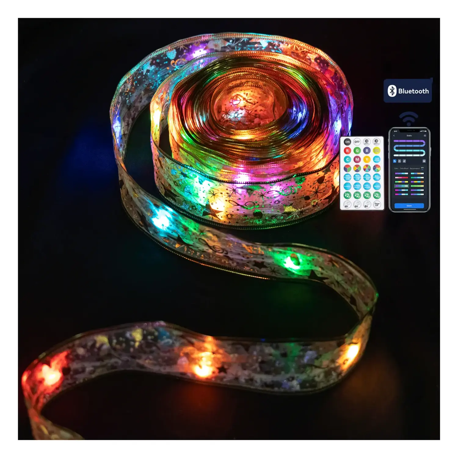 immagine del prodotto Catena luminosa a basso voltaggio Bluetooth, nastro dorato, RGBIC 10m