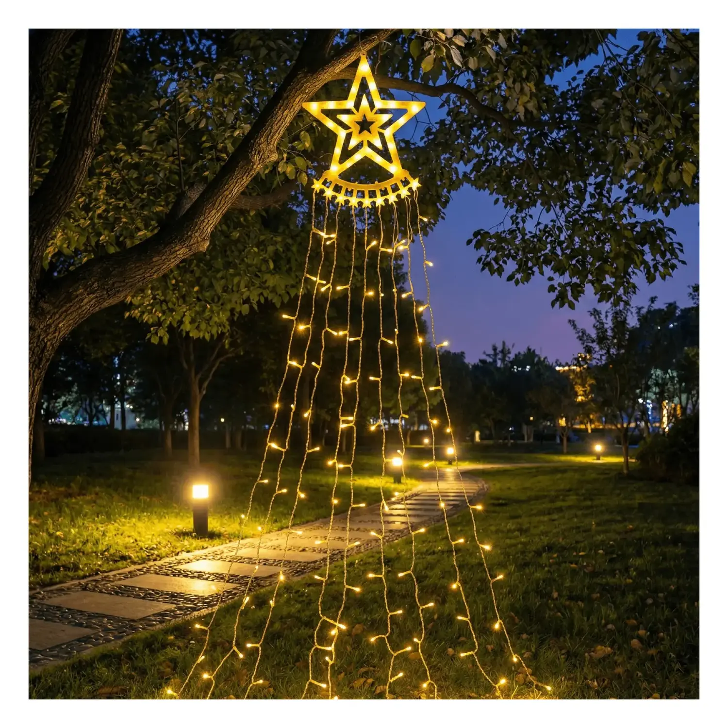 immagine del prodotto Catena luminosa a basso voltaggio per albero di Natale 3D con stella, luce calda, 5m+2m ,IP44, Interno&Esterno