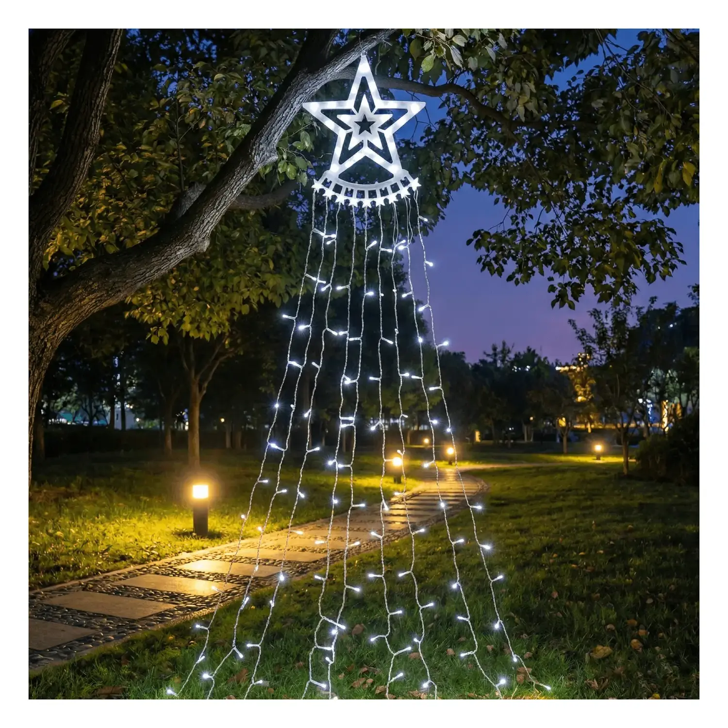 immagine del prodotto Catena luminosa a basso voltaggio per albero di Natale 3D con stella, luce fredda, 5m+2m ,IP44, Interno&Esterno