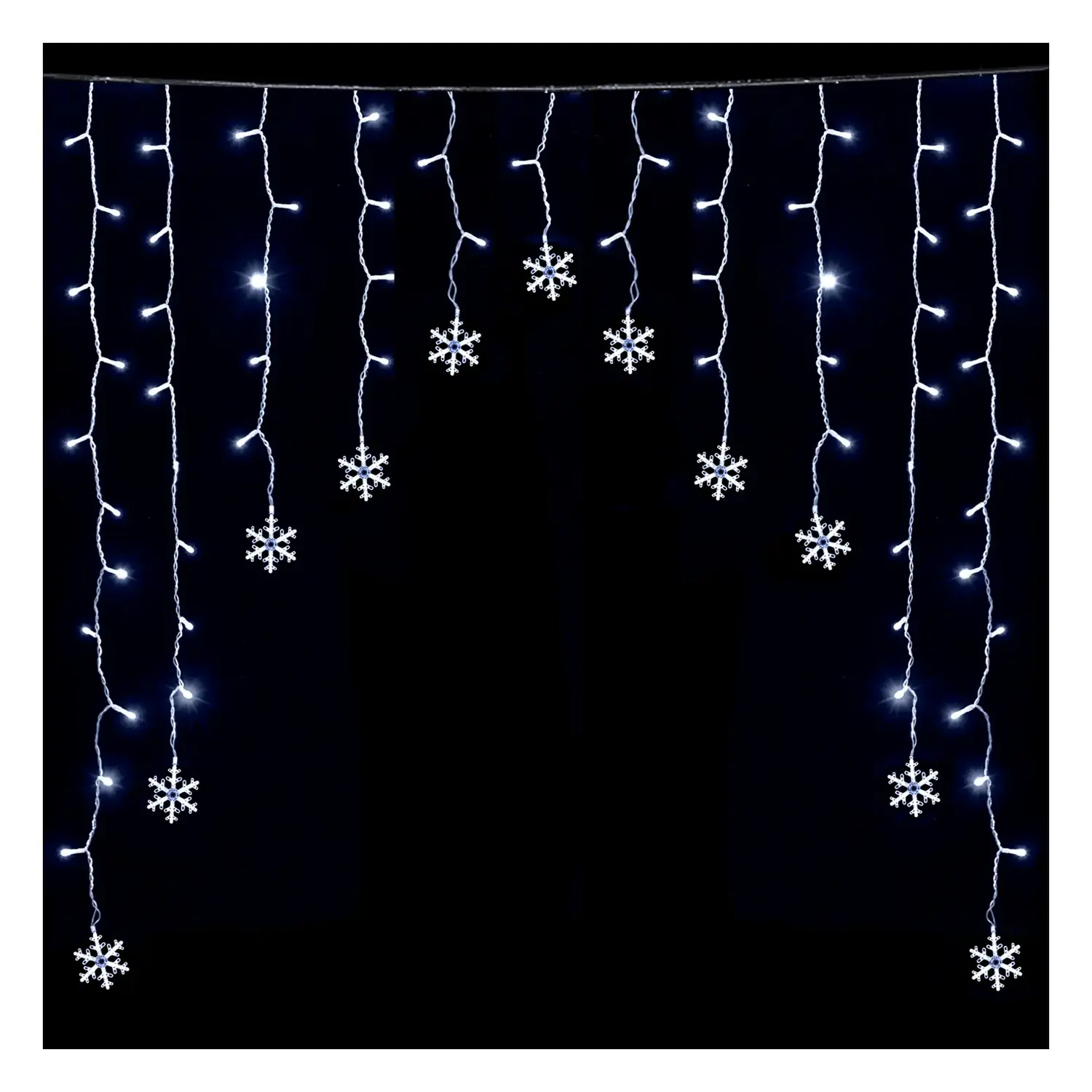 immagine del prodotto Catena luminosa a basso voltaggio per tende a V invertita, luci a testa piatta e fiocchi di neve, bianco freddo, 1.5*1.2m 11 strisce IP44, Interno&Esterno