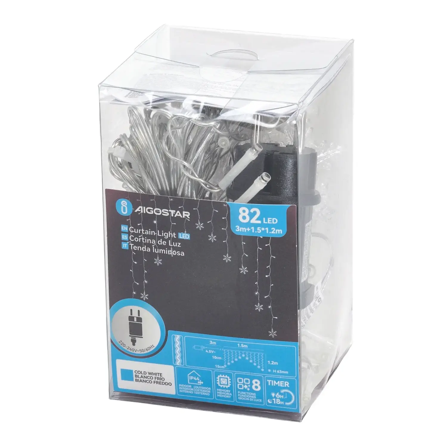 immagine Catena luminosa a basso voltaggio per tende a V invertita, luci a testa piatta e fiocchi di neve, bianco freddo, 1.5*1.2m 11 strisce IP44, Interno&Esterno