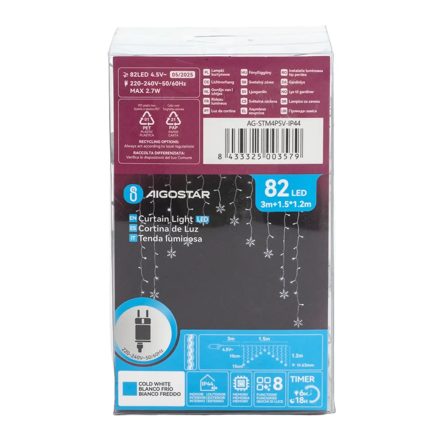 immagine Catena luminosa a basso voltaggio per tende a V invertita, luci a testa piatta e fiocchi di neve, bianco freddo, 1.5*1.2m 11 strisce IP44, Interno&Esterno