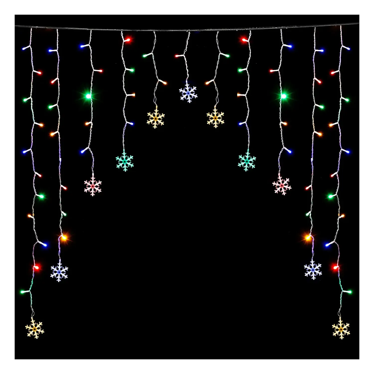 immagine del prodotto Catena luminosa a basso voltaggio per tende a V invertita, luci a testa piatta e fiocchi di neve, RGBY, 3*1.5m 16 strisce IP44, Interno&Esterno