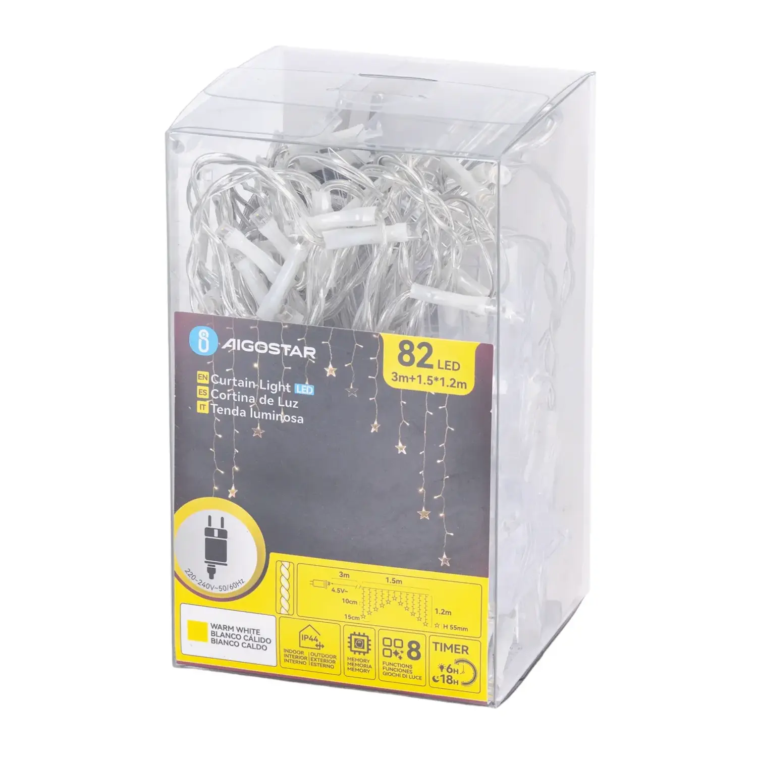 immagine Catena luminosa a basso voltaggio per tende a V invertita, luci a testa piatta e stelline, bianco caldo, 1.5*1.2m 11 strisce IP44, Interno&Esterno