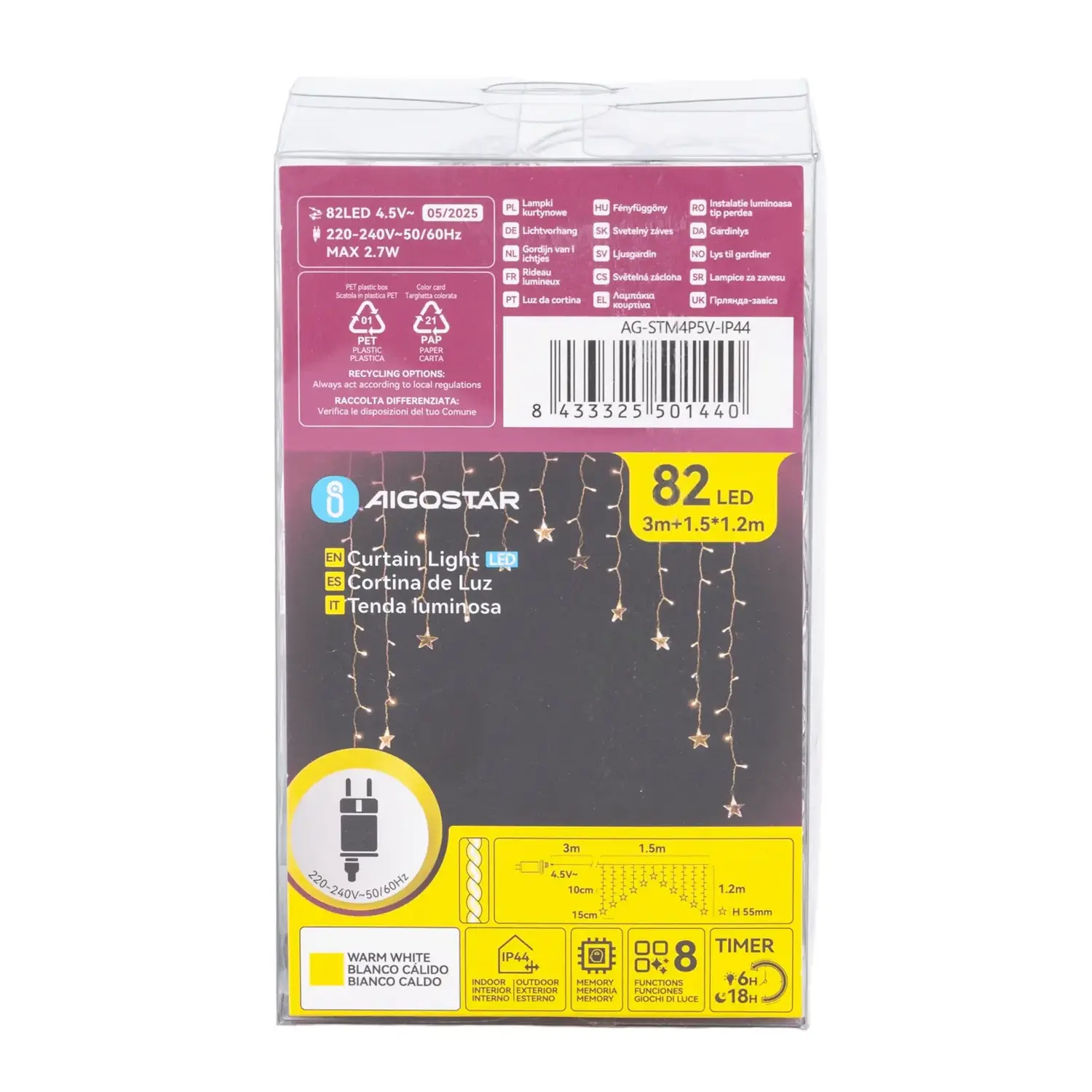 immagine Catena luminosa a basso voltaggio per tende a V invertita, luci a testa piatta e stelline, bianco caldo, 1.5*1.2m 11 strisce IP44, Interno&Esterno