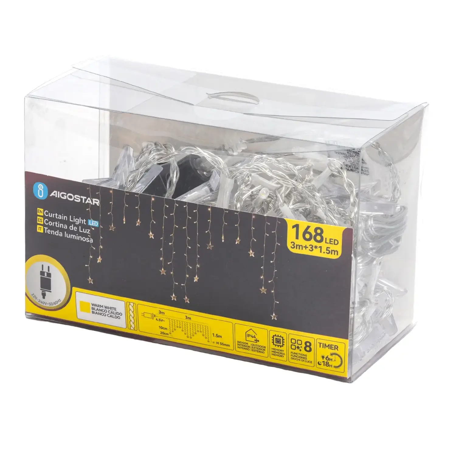 immagine Catena luminosa a basso voltaggio per tende a V invertita, luci a testa piatta e stelline, bianco caldo, 3*1.5m 16 strisce IP44, Interno&Esterno