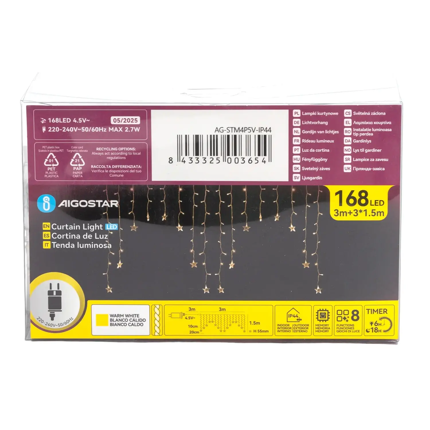 immagine Catena luminosa a basso voltaggio per tende a V invertita, luci a testa piatta e stelline, bianco caldo, 3*1.5m 16 strisce IP44, Interno&Esterno