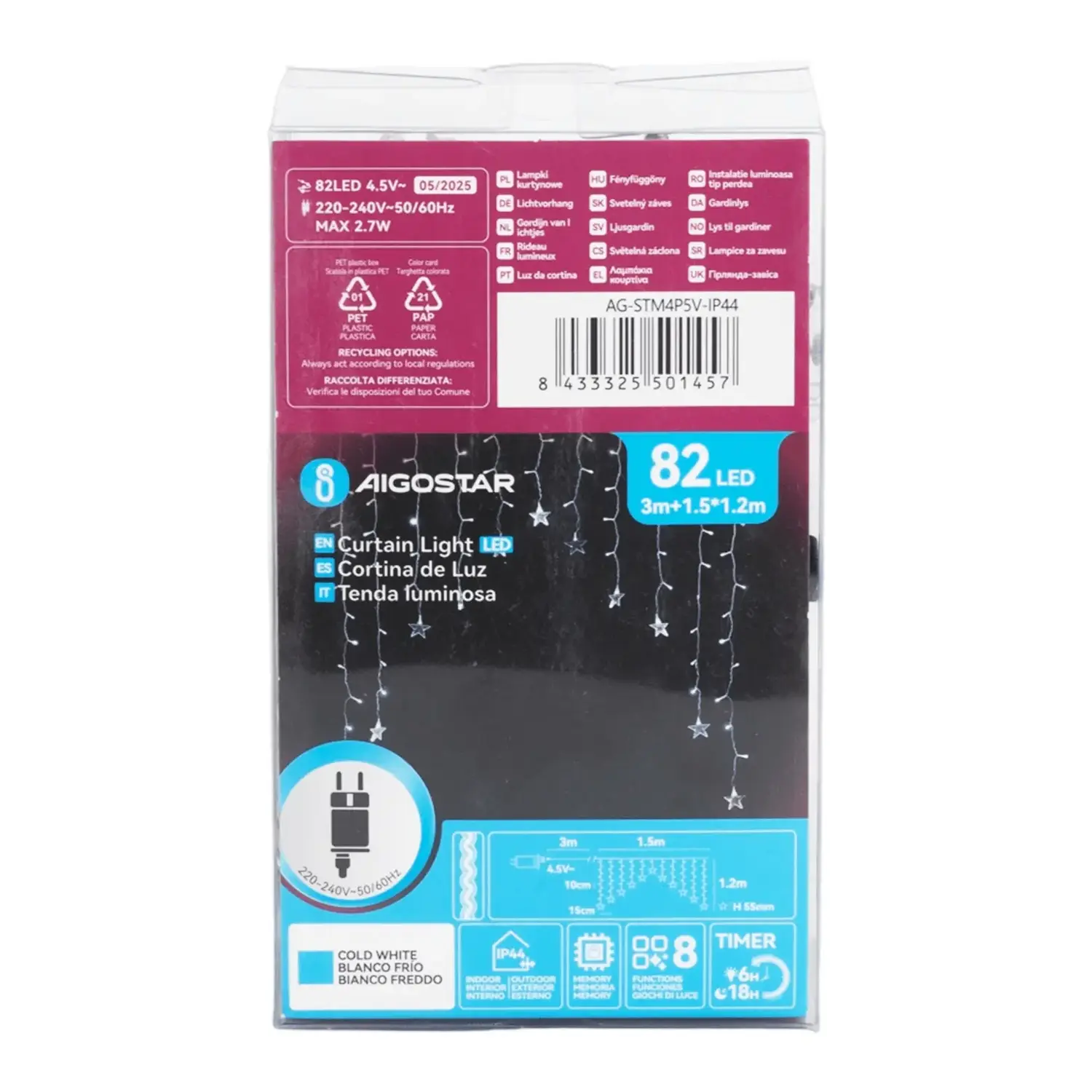 immagine Catena luminosa a basso voltaggio per tende a V invertita, luci a testa piatta e stelline, bianco freddo, 1.5*1.2m 11 strisce IP44, Interno&Esterno