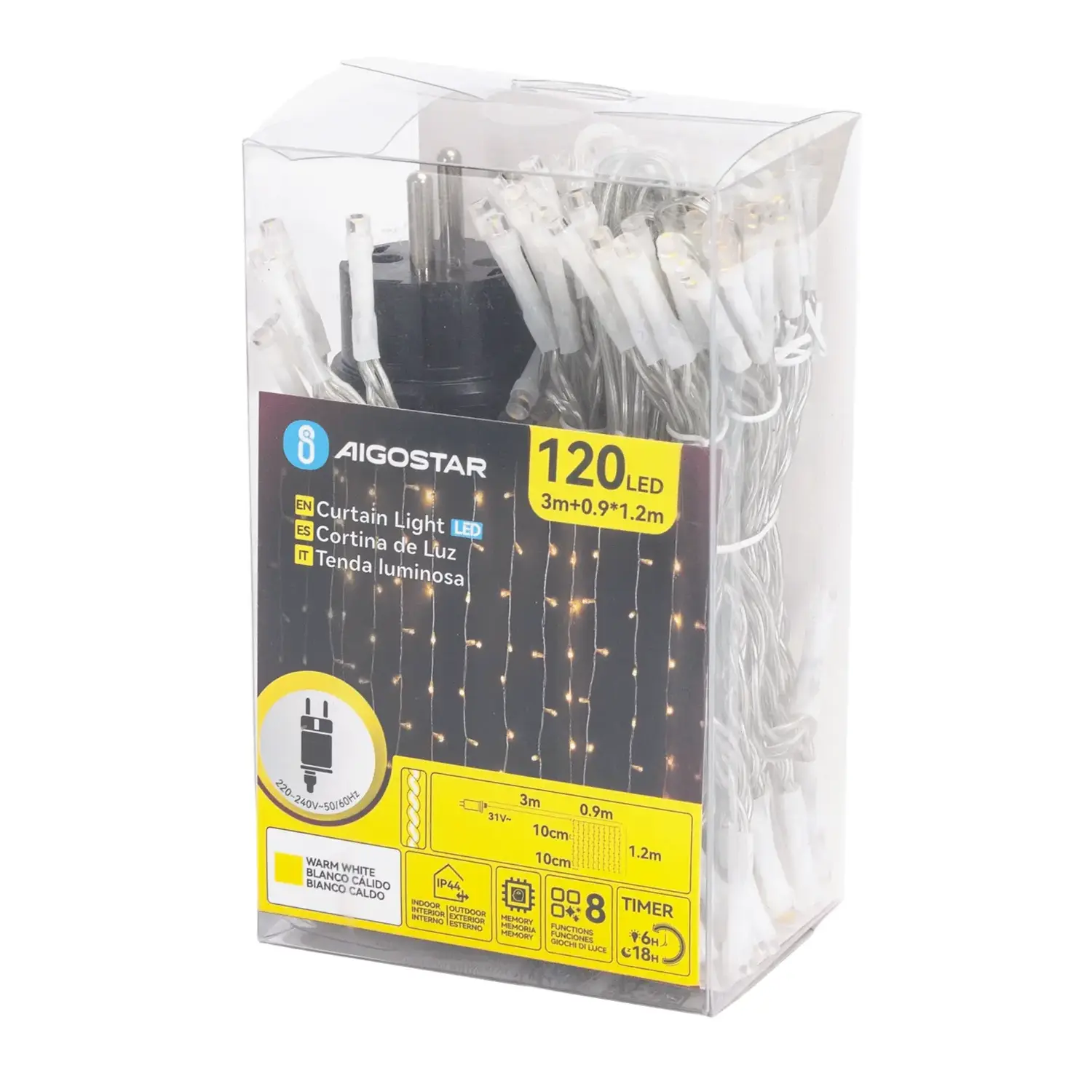 immagine Catena luminosa a basso voltaggio per tende, luci a testa piatta, bianco caldo, 0.9*1.2m 10 strisce IP44, Interno&Esterno