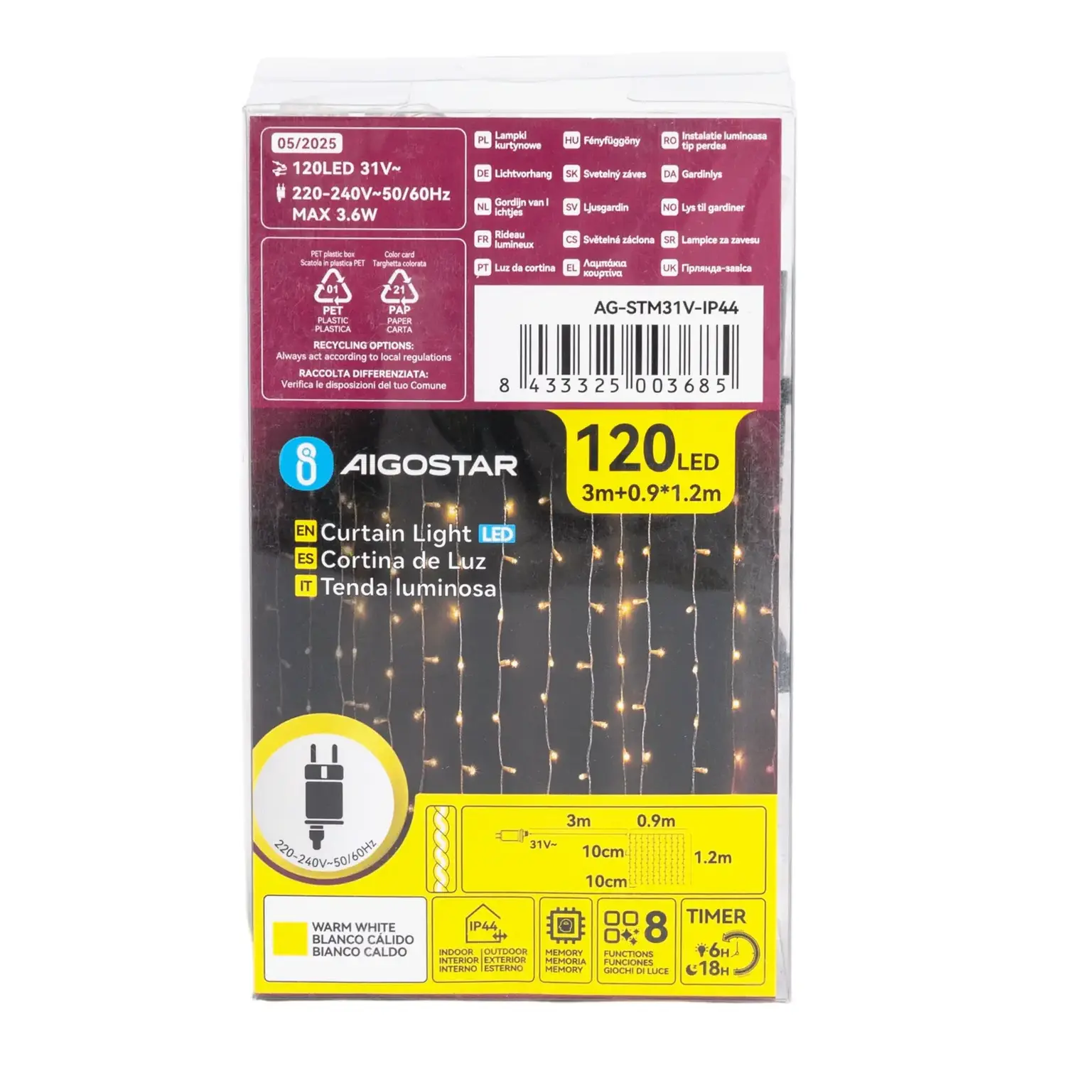 immagine Catena luminosa a basso voltaggio per tende, luci a testa piatta, bianco caldo, 0.9*1.2m 10 strisce IP44, Interno&Esterno