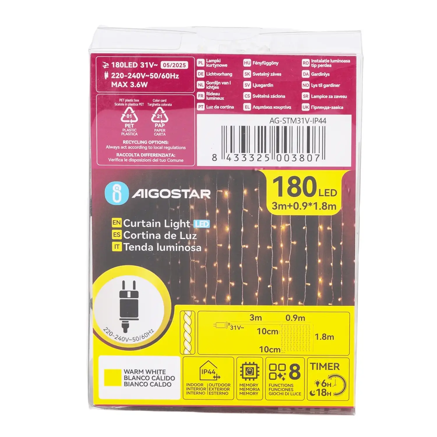 immagine Catena luminosa a basso voltaggio per tende, luci a testa piatta, bianco caldo, 0.9*1.8m 10 strisce IP44, Interno&Esterno