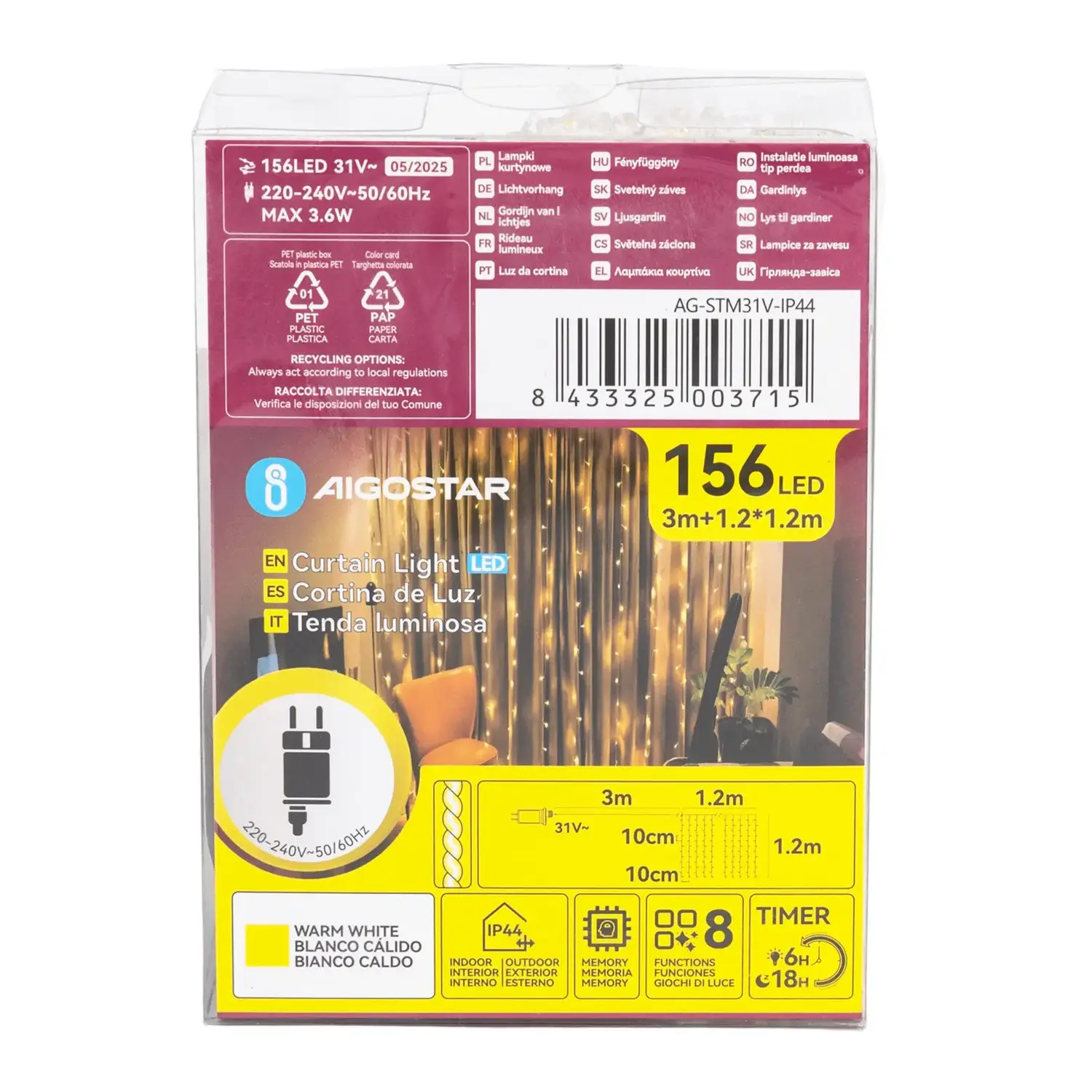 immagine Catena luminosa a basso voltaggio per tende, luci a testa piatta, bianco caldo, 1.2*1.2m 13 strisce IP44, Interno&Esterno