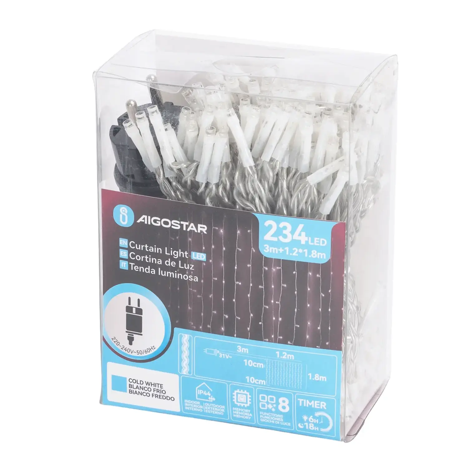 immagine Catena luminosa a basso voltaggio per tende, luci a testa piatta, bianco freddo, 1.2*1.8m 13 strisce IP44, Interno&Esterno