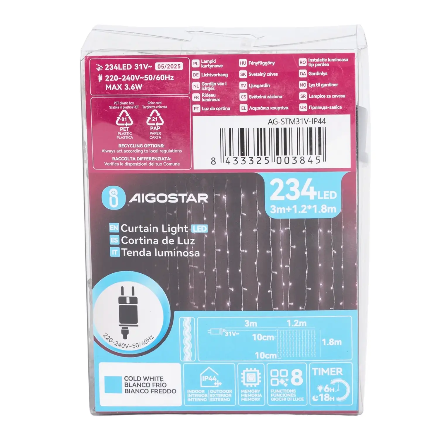 immagine Catena luminosa a basso voltaggio per tende, luci a testa piatta, bianco freddo, 1.2*1.8m 13 strisce IP44, Interno&Esterno