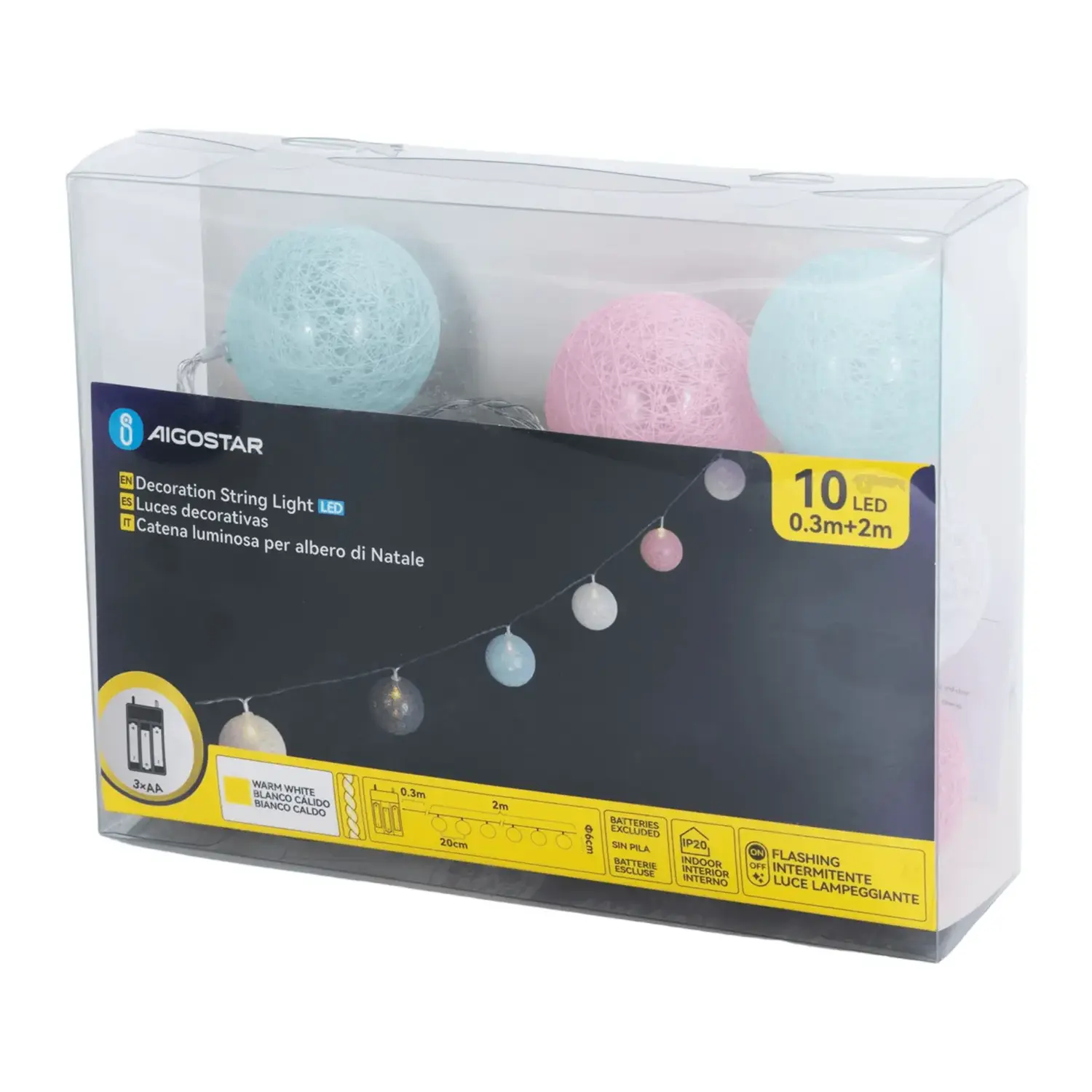 immagine Catena luminosa a batteria 3AA, luci a batuffoli colori misti, bianco caldo 2m